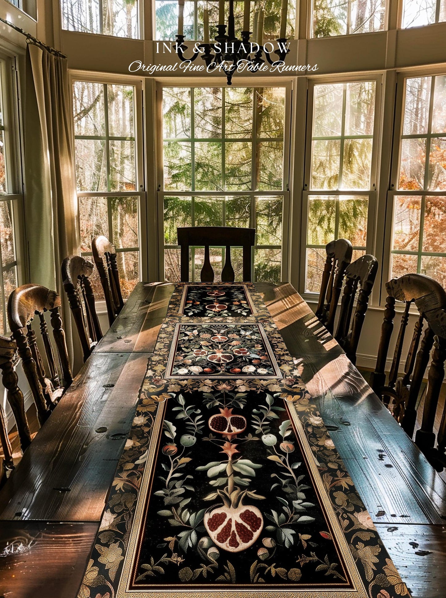 Victorian Gothic Pomegranate Table Runner Dark Botanical Vintage Aesthetic Decor | Enchanted Forest Wildflower Art Butterfly Dining Room |