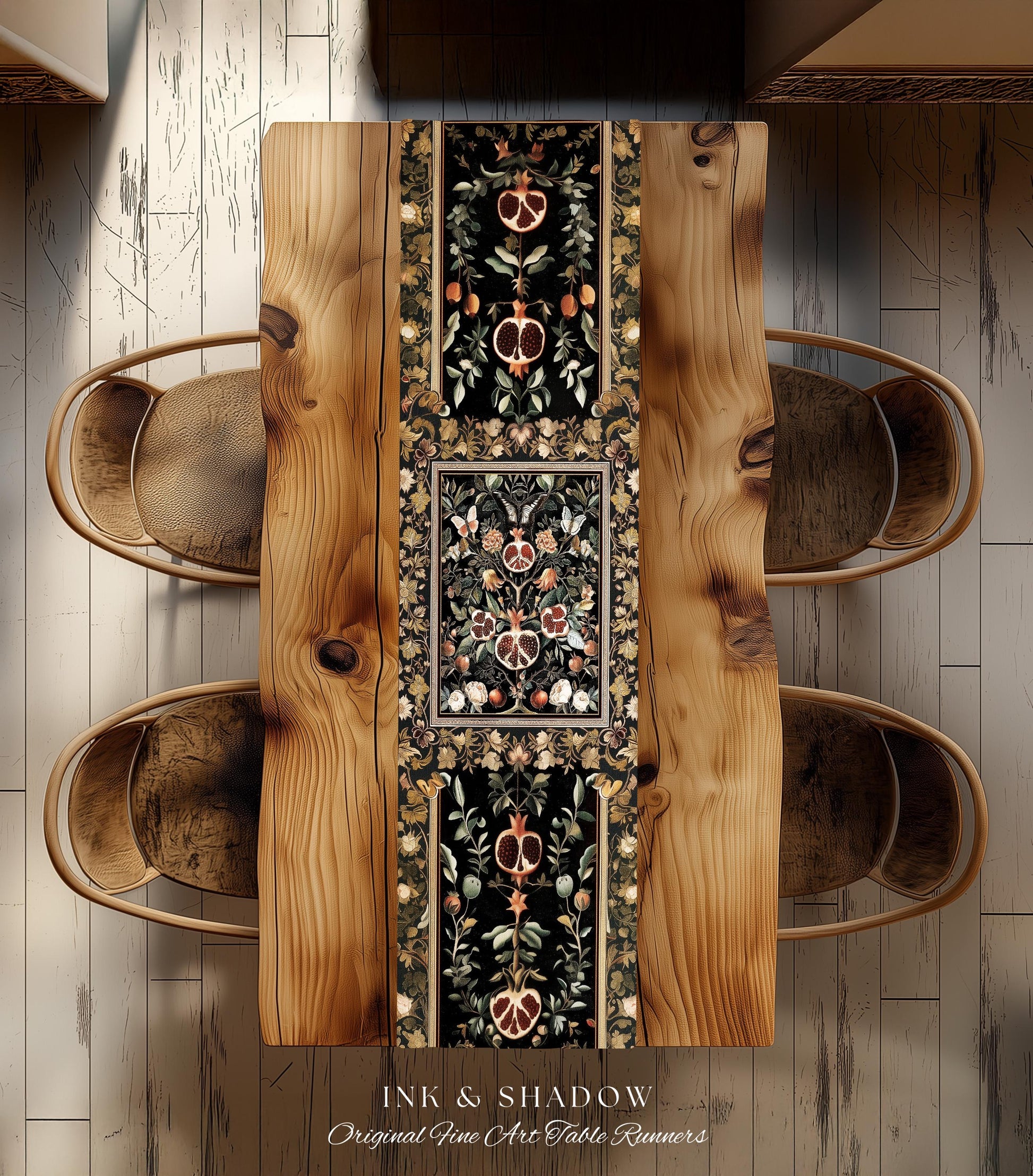 Victorian Gothic Pomegranate Table Runner Dark Botanical Vintage Aesthetic Decor | Enchanted Forest Wildflower Art Butterfly Dining Room |
