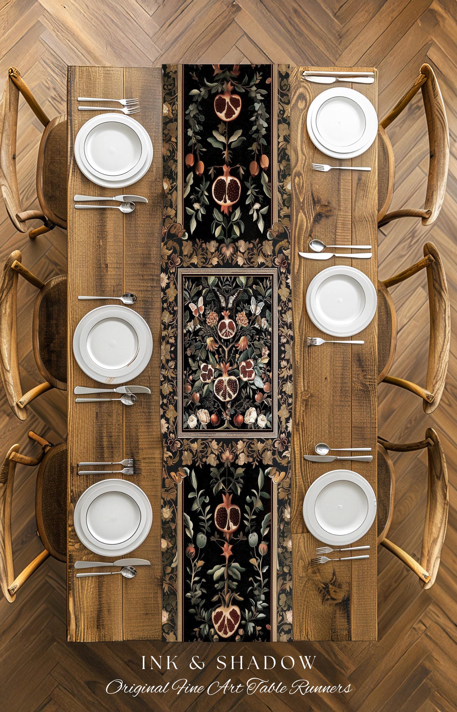 Victorian Gothic Pomegranate Table Runner Dark Botanical Vintage Aesthetic Decor | Enchanted Forest Wildflower Art Butterfly Dining Room |