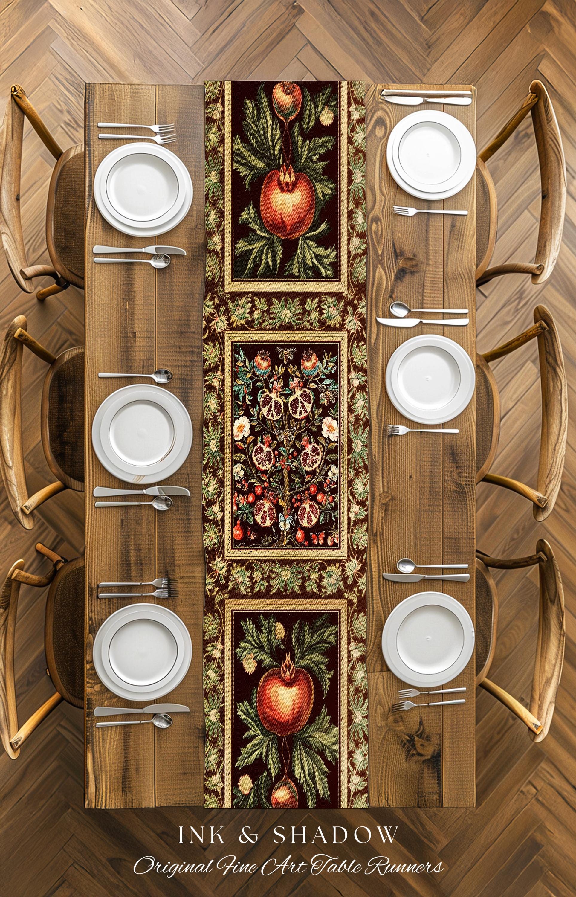 Antique Aesthetic Pomegranate Enchanted Garden Table Runner | Dark Cottagecore Gothic Woodland Whimsy Floral Butterfly Moth Decor Witchy |