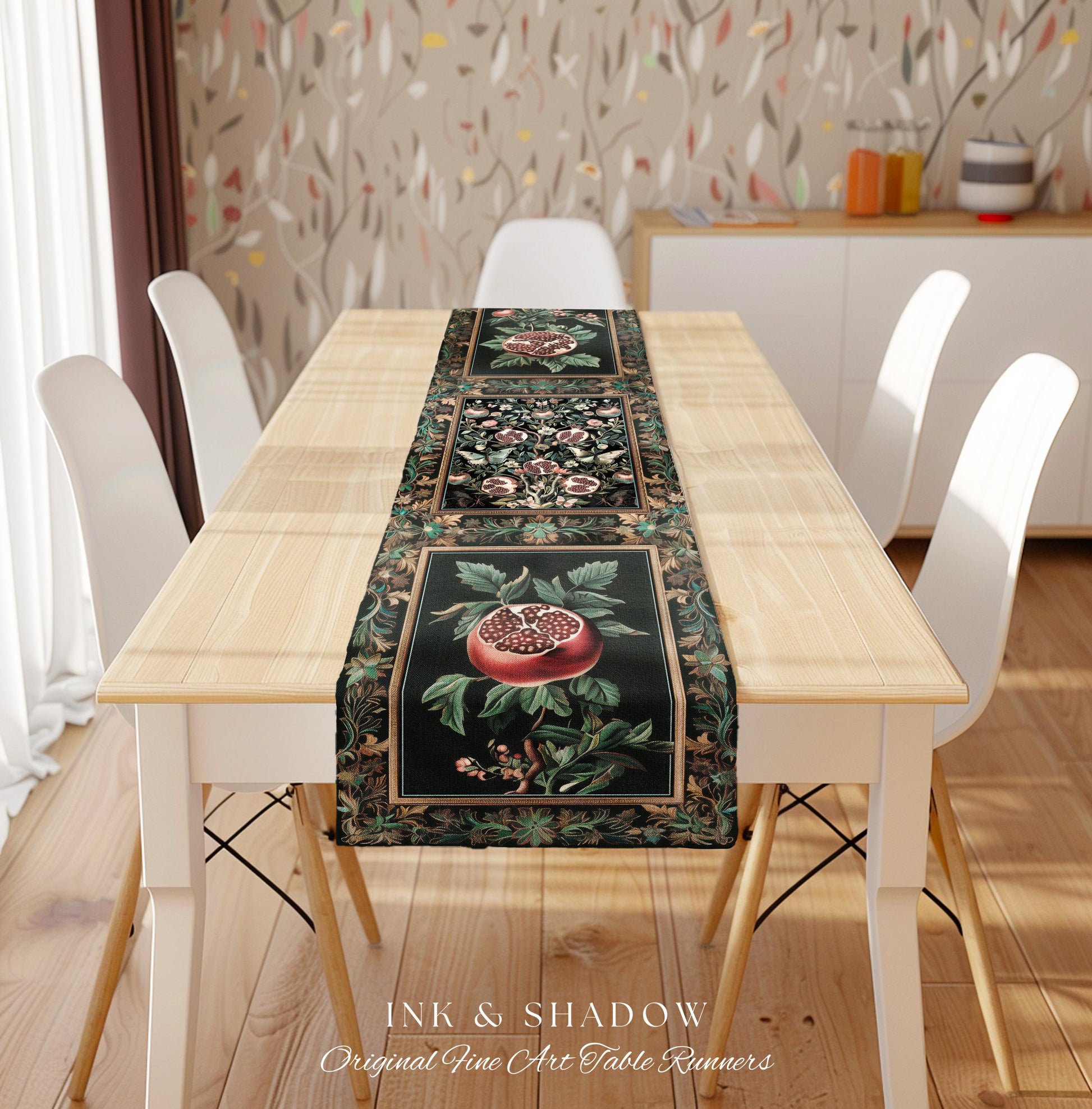 Mystical Pomegranate Forestcore Design Table Runner Whimsical Nature Inspired Botanical Cottagecore Decor, Vintage Woodland Gothic Aesthetic
