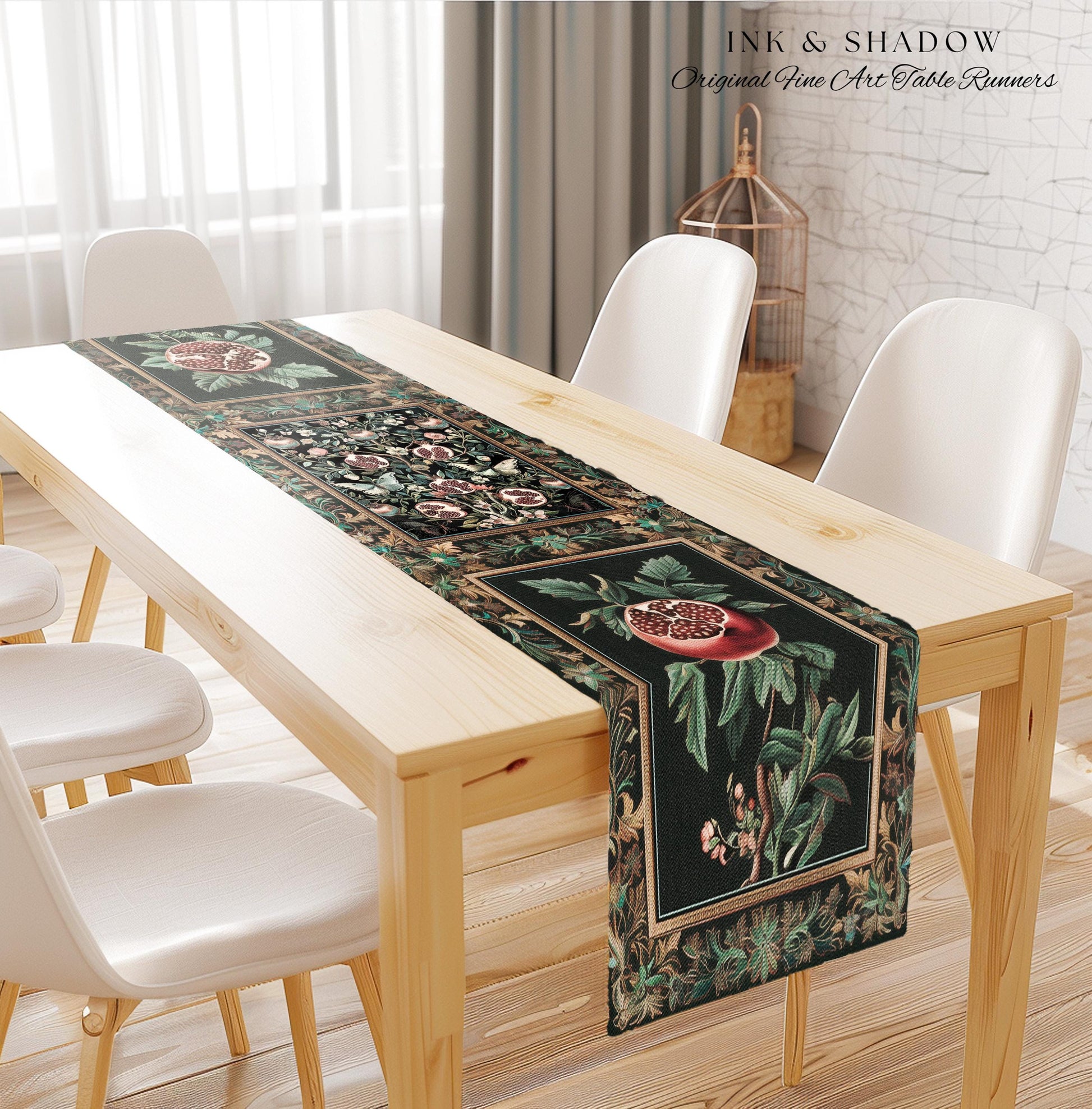 Mystical Pomegranate Forestcore Design Table Runner Whimsical Nature Inspired Botanical Cottagecore Decor, Vintage Woodland Gothic Aesthetic