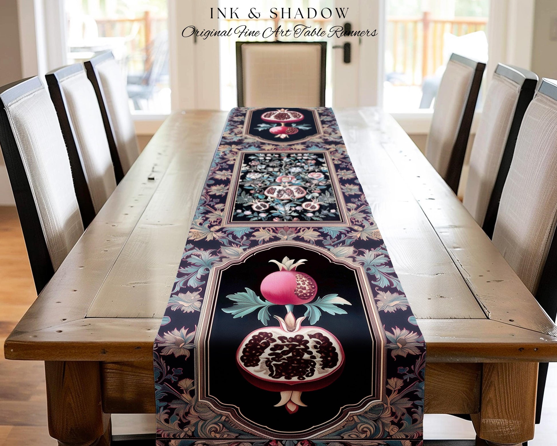 Witchy Dark Academia Pomegranate Table Runner Whimsigothic Floral Home Decor, Enchanted Cottagecore Aestheitc Victorian Gothic Nature Accent