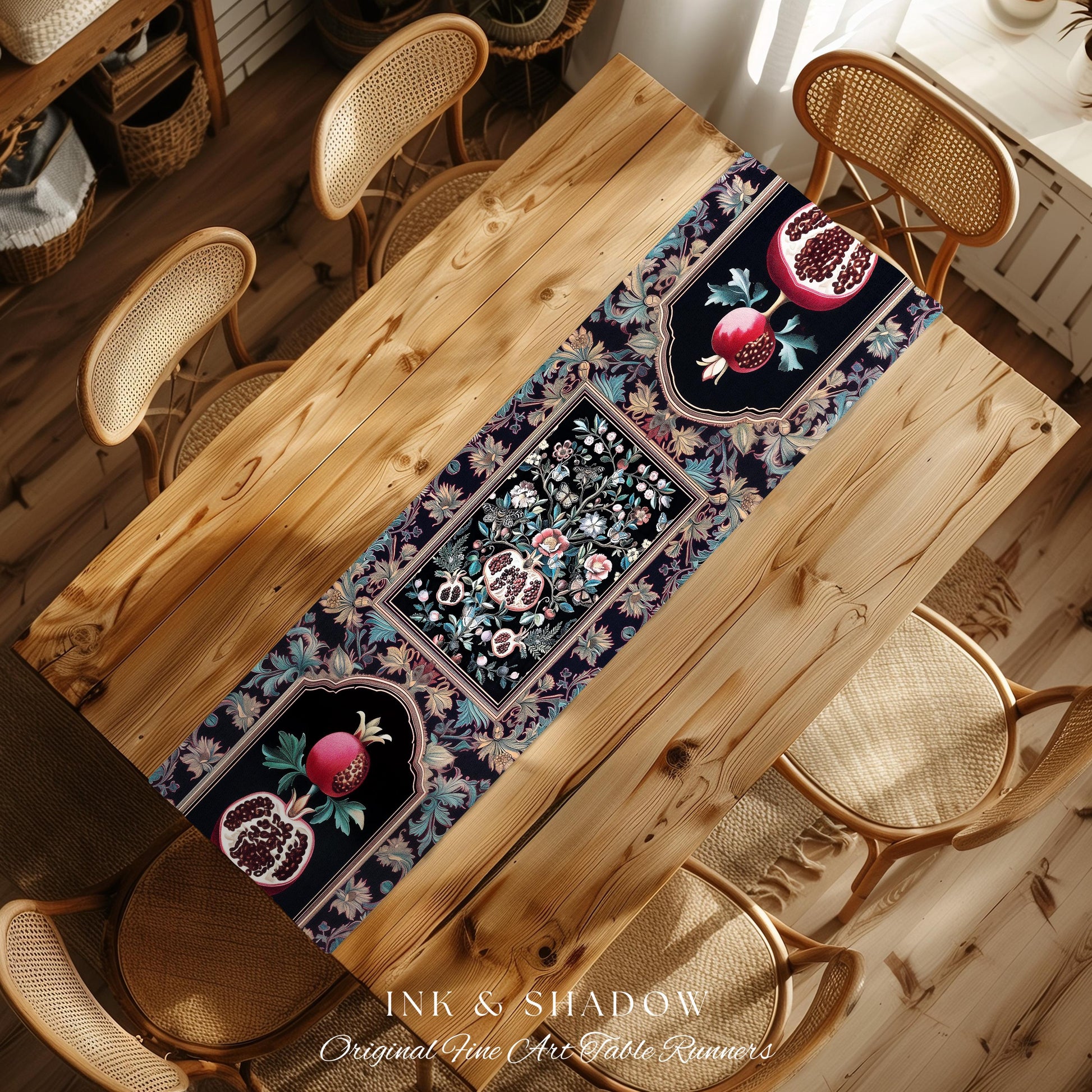 Witchy Dark Academia Pomegranate Table Runner Whimsigothic Floral Home Decor, Enchanted Cottagecore Aestheitc Victorian Gothic Nature Accent