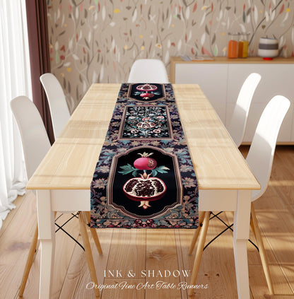 Witchy Dark Academia Pomegranate Table Runner Whimsigothic Floral Home Decor, Enchanted Cottagecore Aestheitc Victorian Gothic Nature Accent