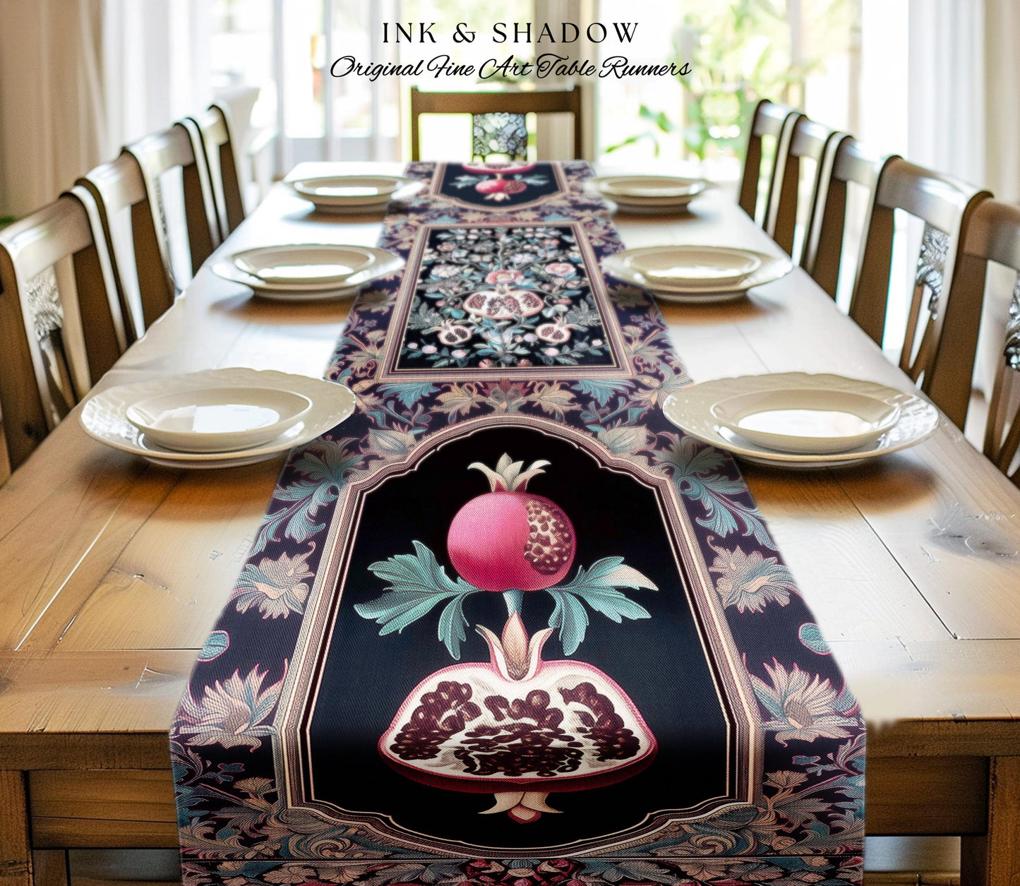 Witchy Dark Academia Pomegranate Table Runner Whimsigothic Floral Home Decor, Enchanted Cottagecore Aestheitc Victorian Gothic Nature Accent