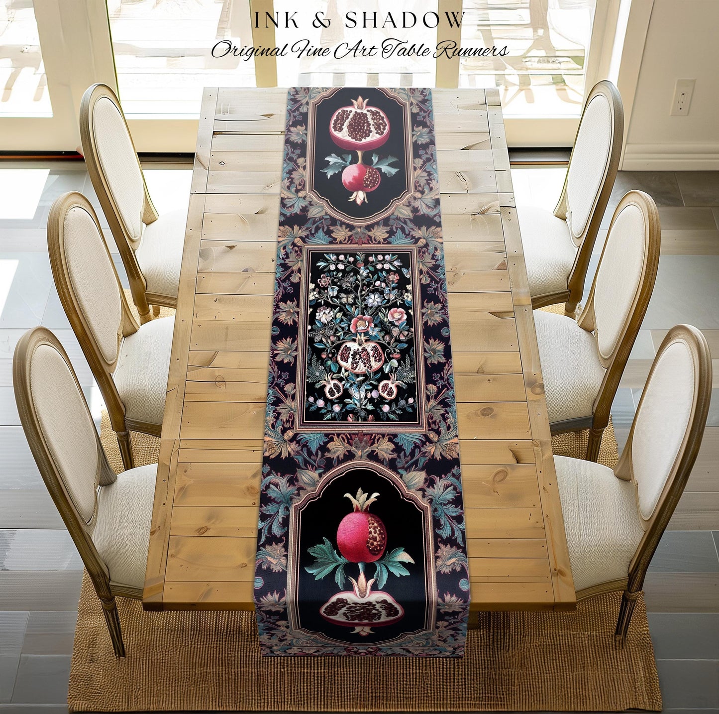 Witchy Dark Academia Pomegranate Table Runner Whimsigothic Floral Home Decor, Enchanted Cottagecore Aestheitc Victorian Gothic Nature Accent