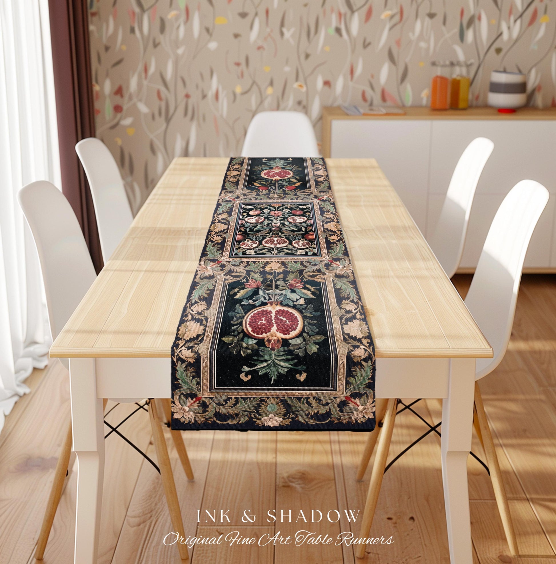 Baroque Botanical Pomegranate Table Runner | Dark Floral Whimsigoth Butterfly Nature Dining Room Cottagecore Medieval Style Fairycore Style