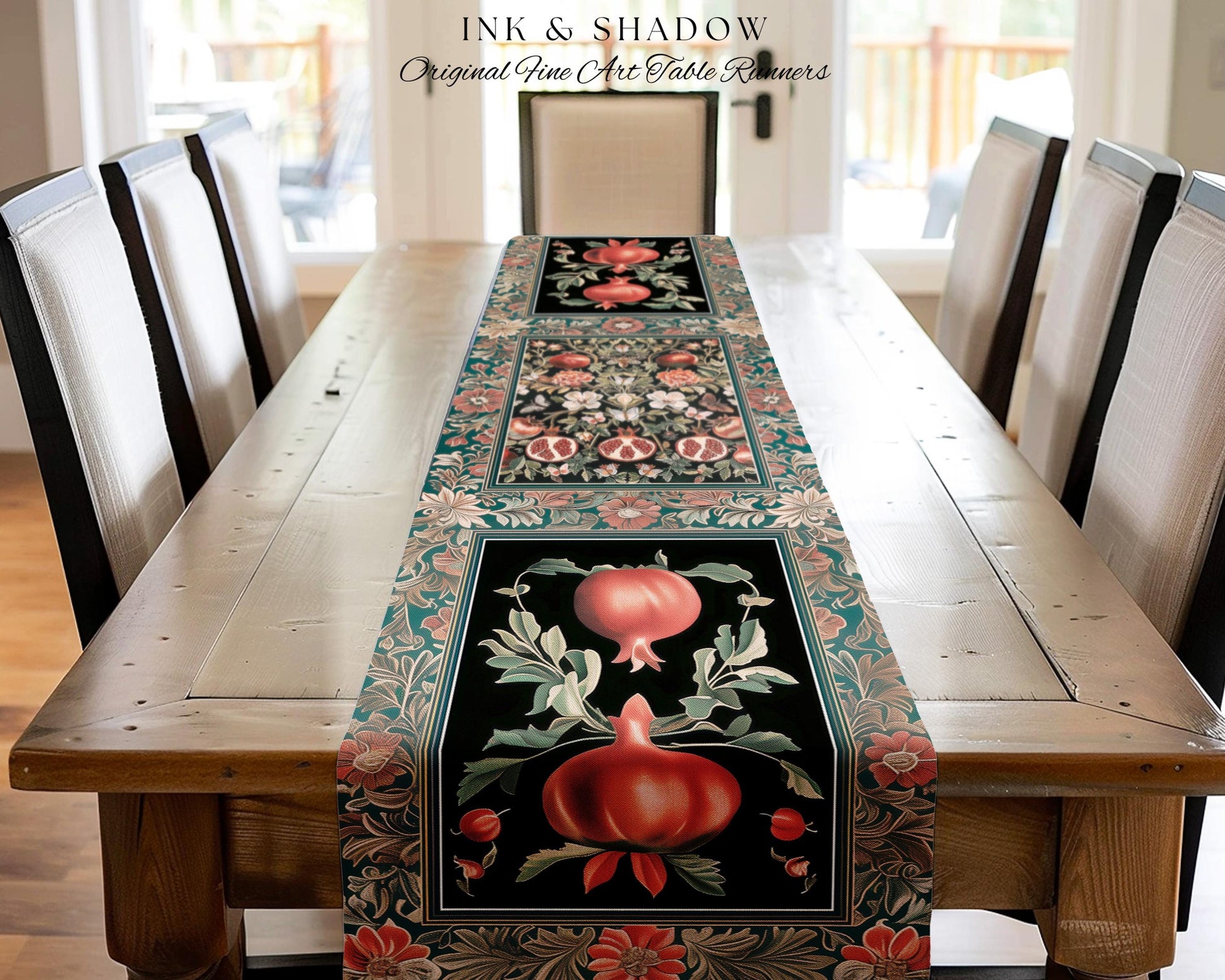 Bohemian Art Nouveau Style Mystic Fairy Grunge Forestcore Pomegranate Table Runner, Ethereal Woodland Floral Botanical Butterfly Dining Room