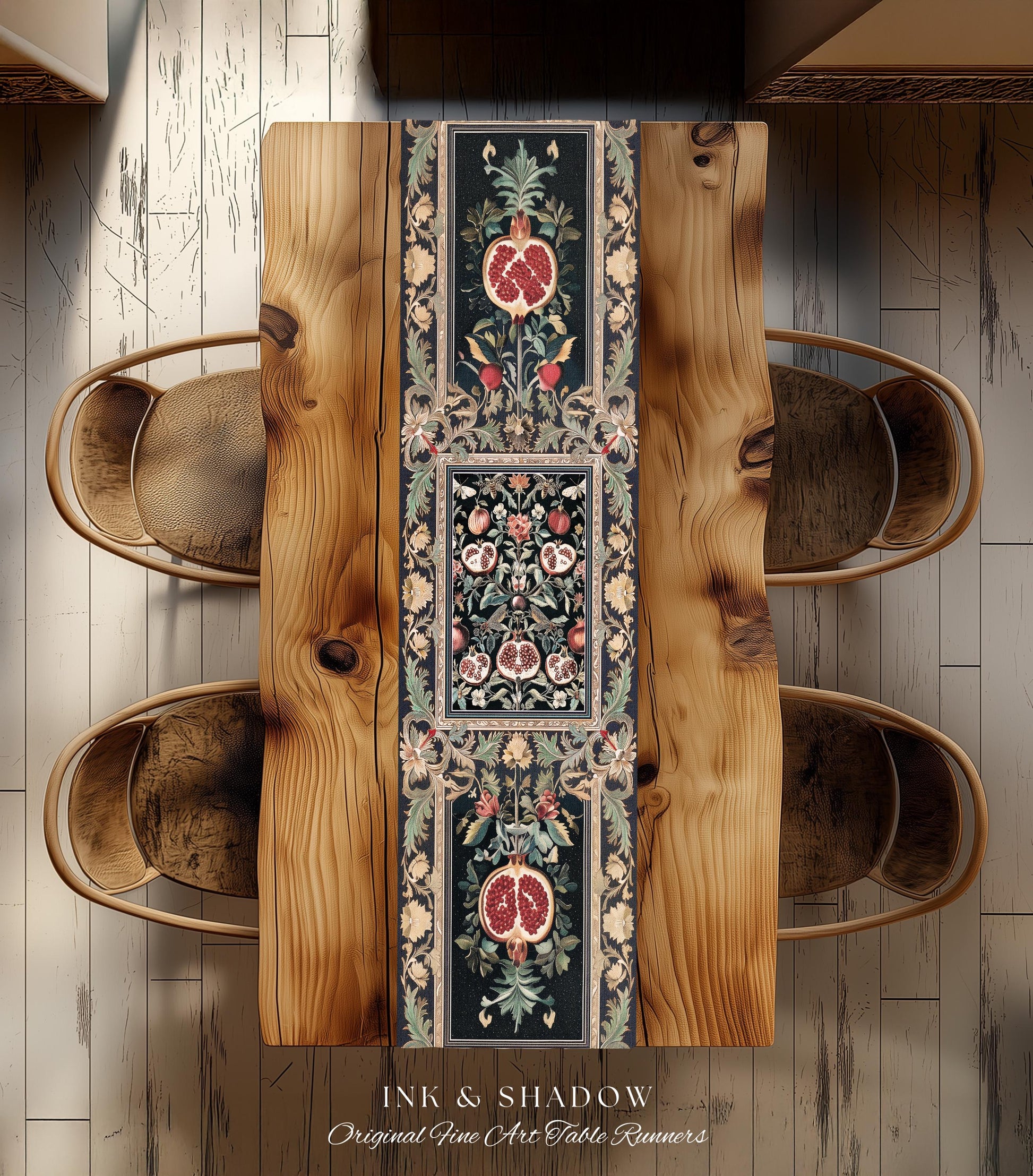 Baroque Botanical Pomegranate Table Runner | Dark Floral Whimsigoth Butterfly Nature Dining Room Cottagecore Medieval Style Fairycore Style