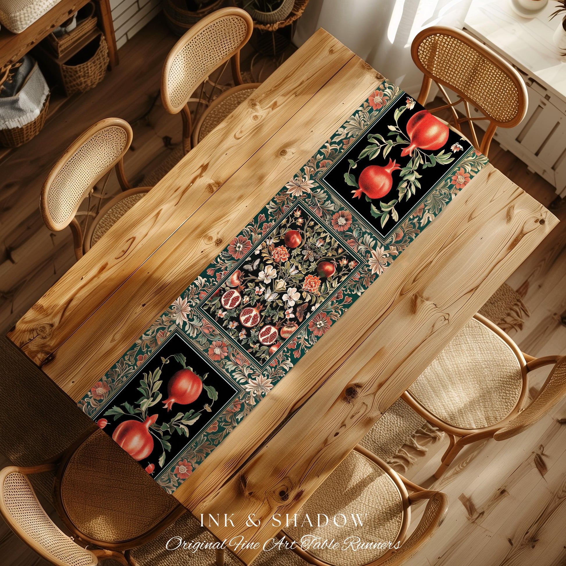 Bohemian Art Nouveau Style Mystic Fairy Grunge Forestcore Pomegranate Table Runner, Ethereal Woodland Floral Botanical Butterfly Dining Room