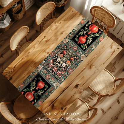 Bohemian Art Nouveau Style Mystic Fairy Grunge Forestcore Pomegranate Table Runner, Ethereal Woodland Floral Botanical Butterfly Dining Room