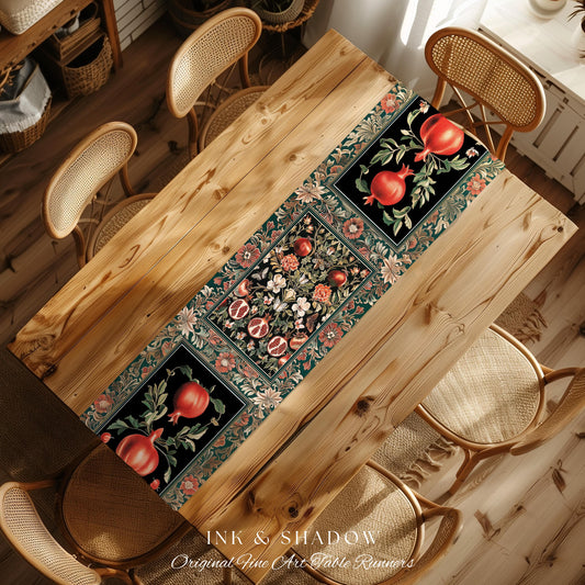 Bohemian Art Nouveau Style Mystic Fairy Grunge Forestcore Pomegranate Table Runner, Ethereal Woodland Floral Botanical Butterfly Dining Room