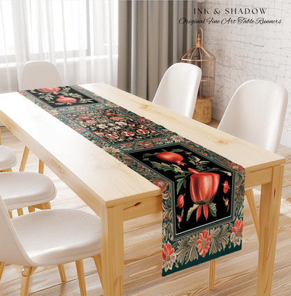 Bohemian Art Nouveau Style Mystic Fairy Grunge Forestcore Pomegranate Table Runner, Ethereal Woodland Floral Botanical Butterfly Dining Room