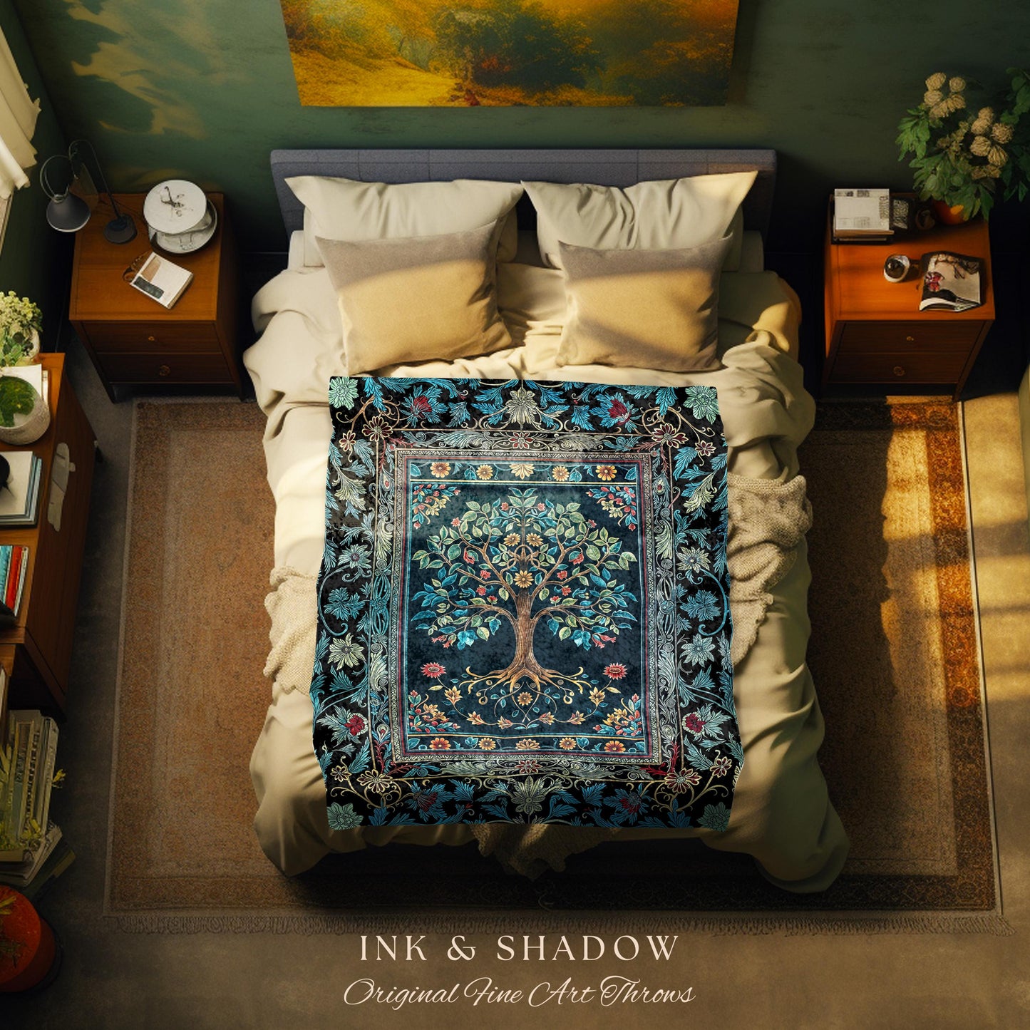 Moody Gothic Blues Tree of Life Throw Blanket | Mystical Garden Theme Vintage Floral Decor Romantic Folk Art Forestcore Woven Tapestry Boho