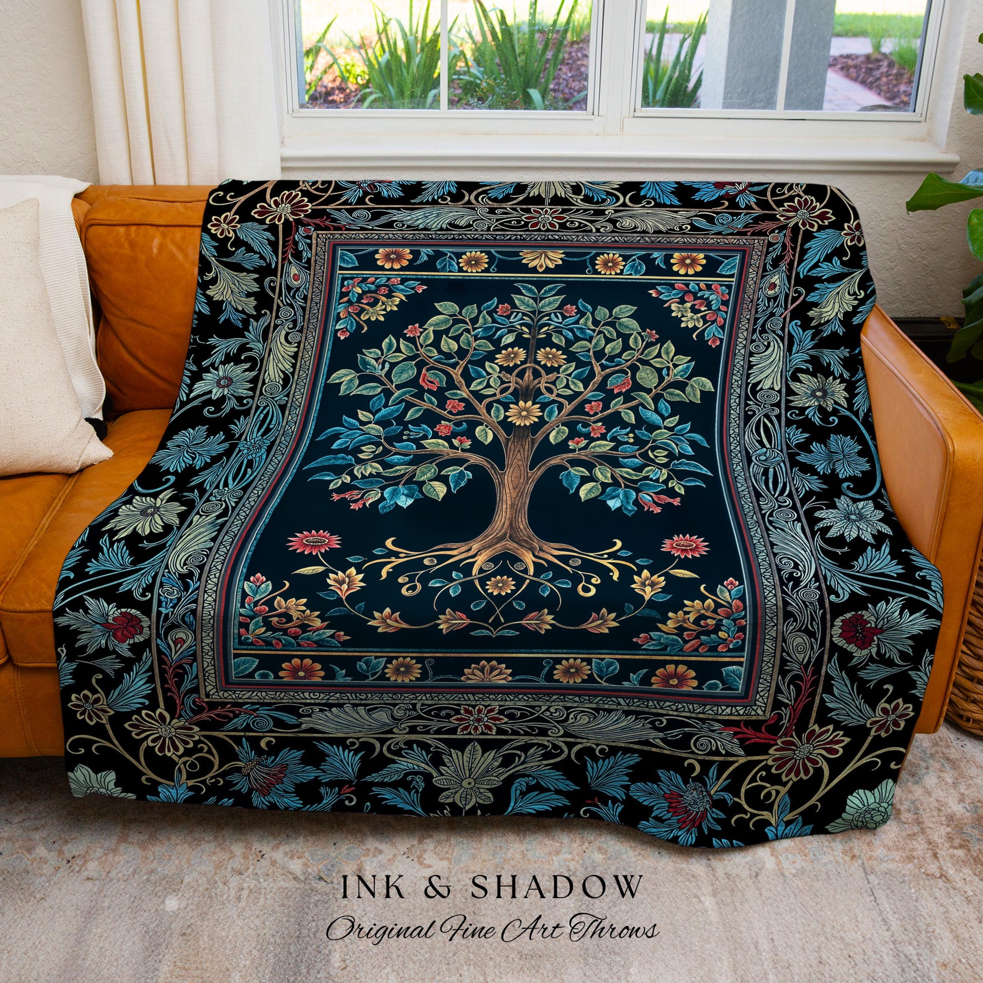 Moody Gothic Blues Tree of Life Throw Blanket | Mystical Garden Theme Vintage Floral Decor Romantic Folk Art Forestcore Woven Tapestry Boho