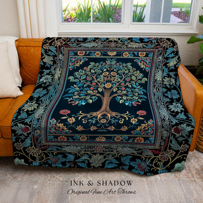 Moody Gothic Blues Tree of Life Throw Blanket | Mystical Garden Theme Vintage Floral Decor Romantic Folk Art Forestcore Woven Tapestry Boho