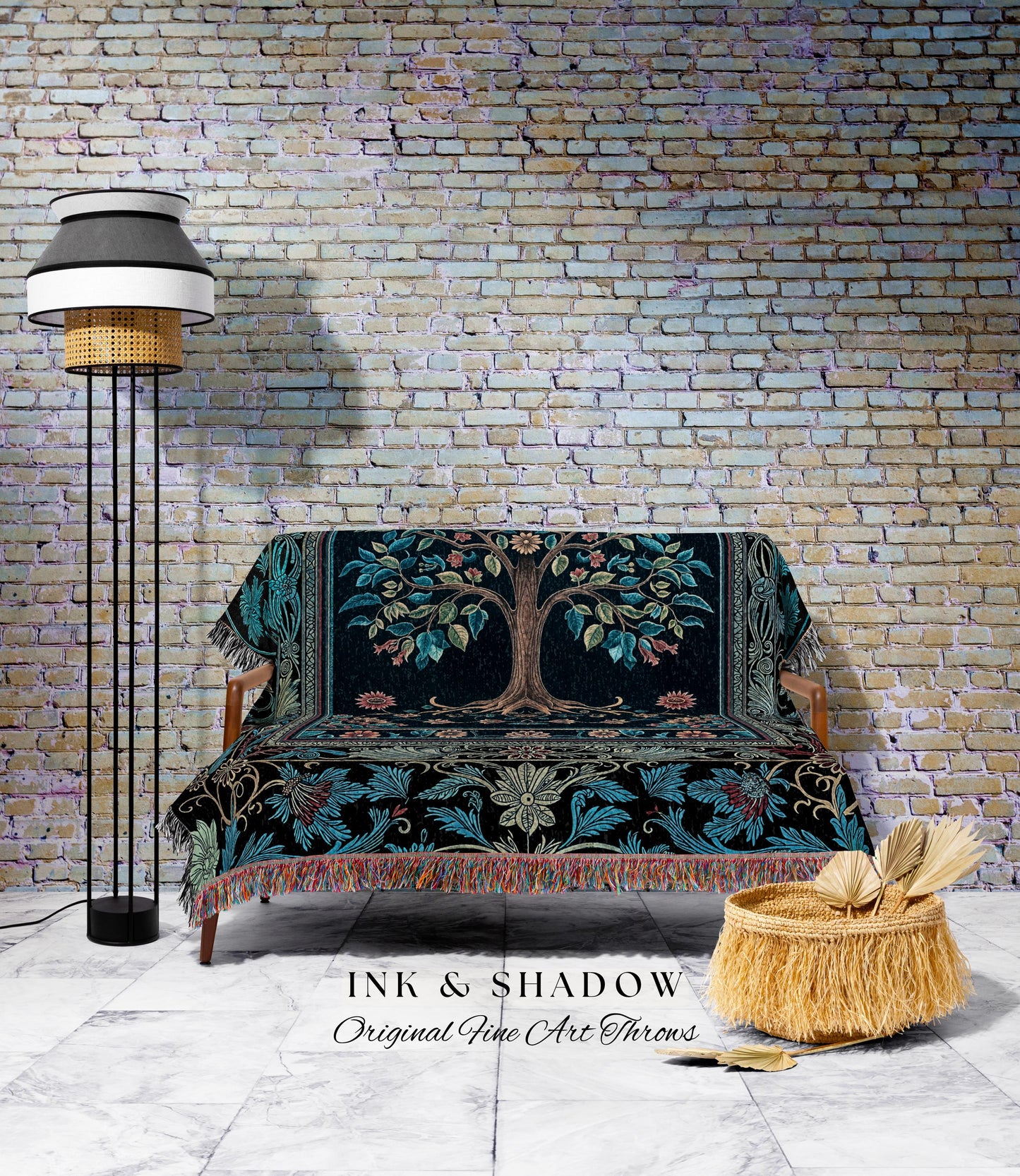 Moody Gothic Blues Tree of Life Throw Blanket | Mystical Garden Theme Vintage Floral Decor Romantic Folk Art Forestcore Woven Tapestry Boho