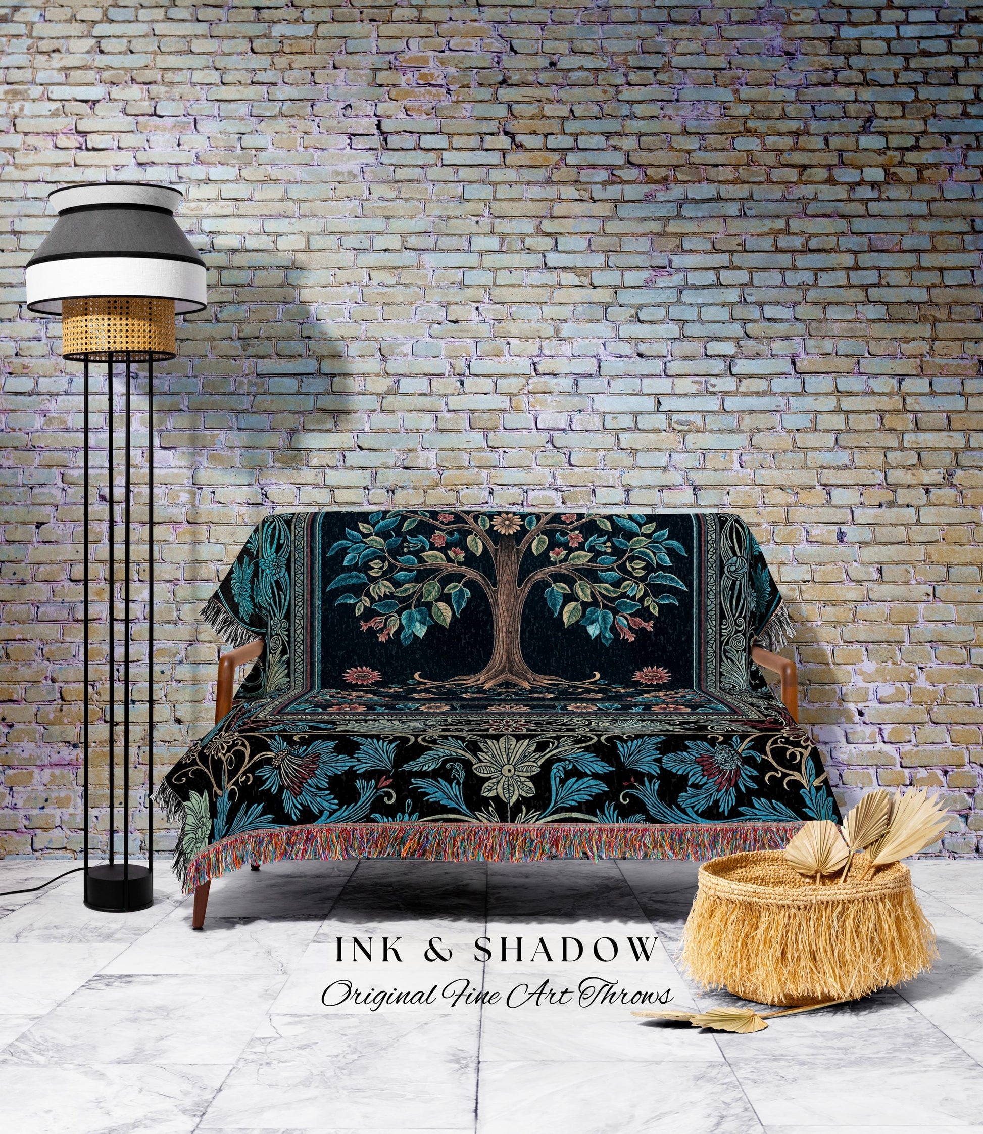 Moody Gothic Blues Tree of Life Throw Blanket | Mystical Garden Theme Vintage Floral Decor Romantic Folk Art Forestcore Woven Tapestry Boho