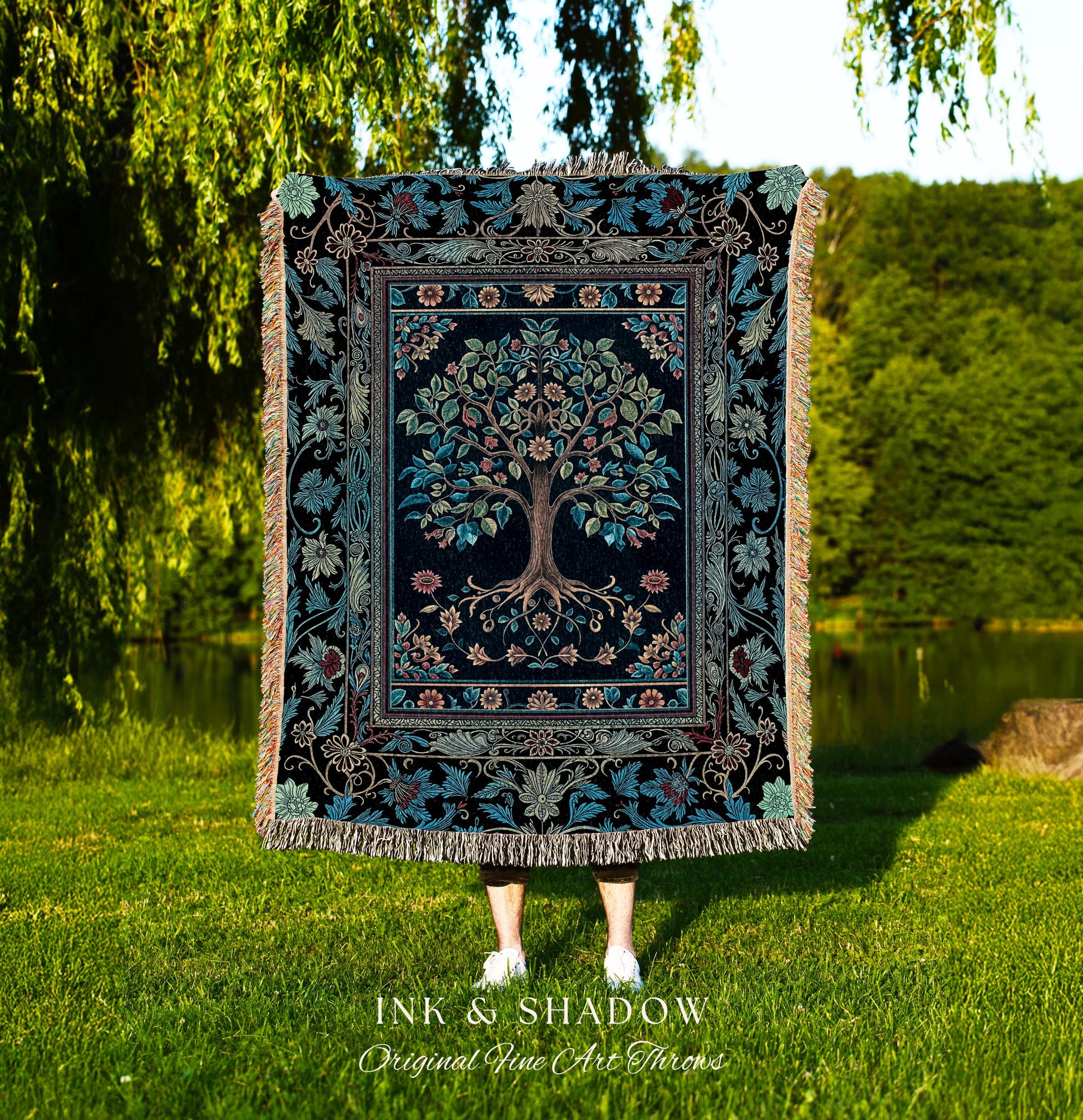 Moody Gothic Blues Tree of Life Throw Blanket | Mystical Garden Theme Vintage Floral Decor Romantic Folk Art Forestcore Woven Tapestry Boho