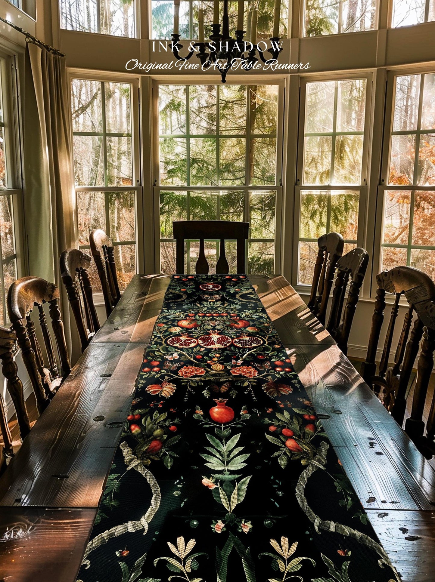Botanical Pomegranate Table Runner Enchanted Floral Whimsigothic | Dark Academia Woodland Gothic Vintage Cottagegoth Occult Altar Decor Boho