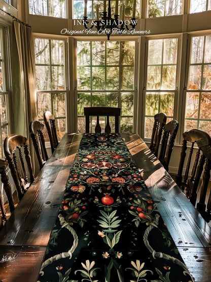 Botanical Pomegranate Table Runner Enchanted Floral Whimsigothic | Dark Academia Woodland Gothic Vintage Cottagegoth Occult Altar Decor Boho