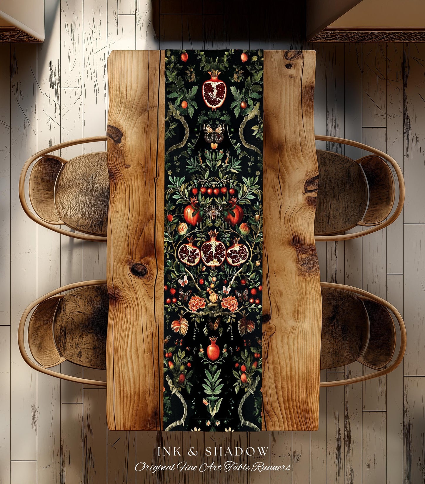 Botanical Pomegranate Table Runner Enchanted Floral Whimsigothic | Dark Academia Woodland Gothic Vintage Cottagegoth Occult Altar Decor Boho