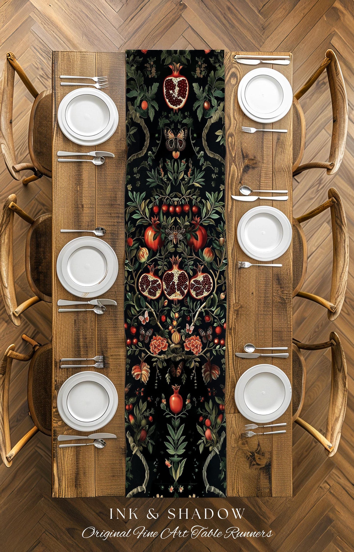 Botanical Pomegranate Table Runner Enchanted Floral Whimsigothic | Dark Academia Woodland Gothic Vintage Cottagegoth Occult Altar Decor Boho