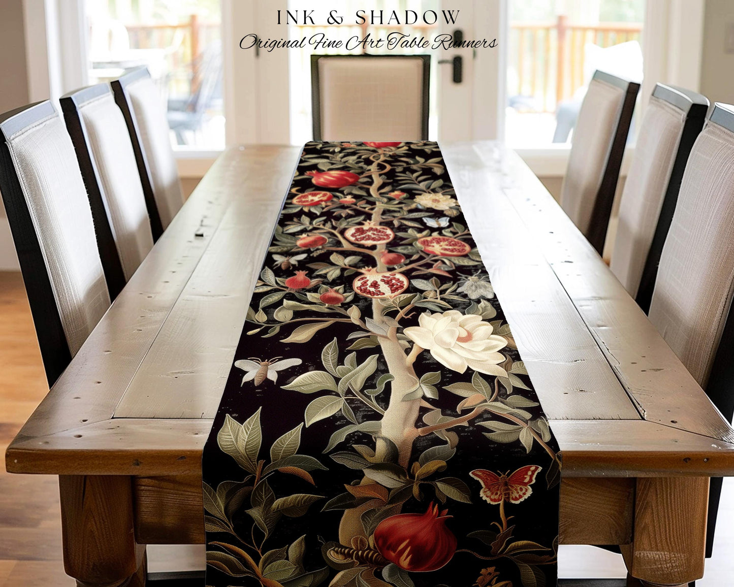 Gothic Pomegranate Decor Mystical Botanical Table Runner | Baroque Inspired Dark Academia Floral Butterfly Fruit Whimsigothic Dining Room |