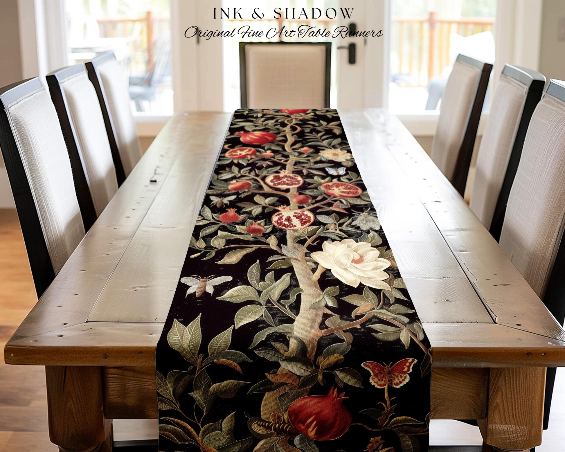 Gothic Pomegranate Decor Mystical Botanical Table Runner | Baroque Inspired Dark Academia Floral Butterfly Fruit Whimsigothic Dining Room |