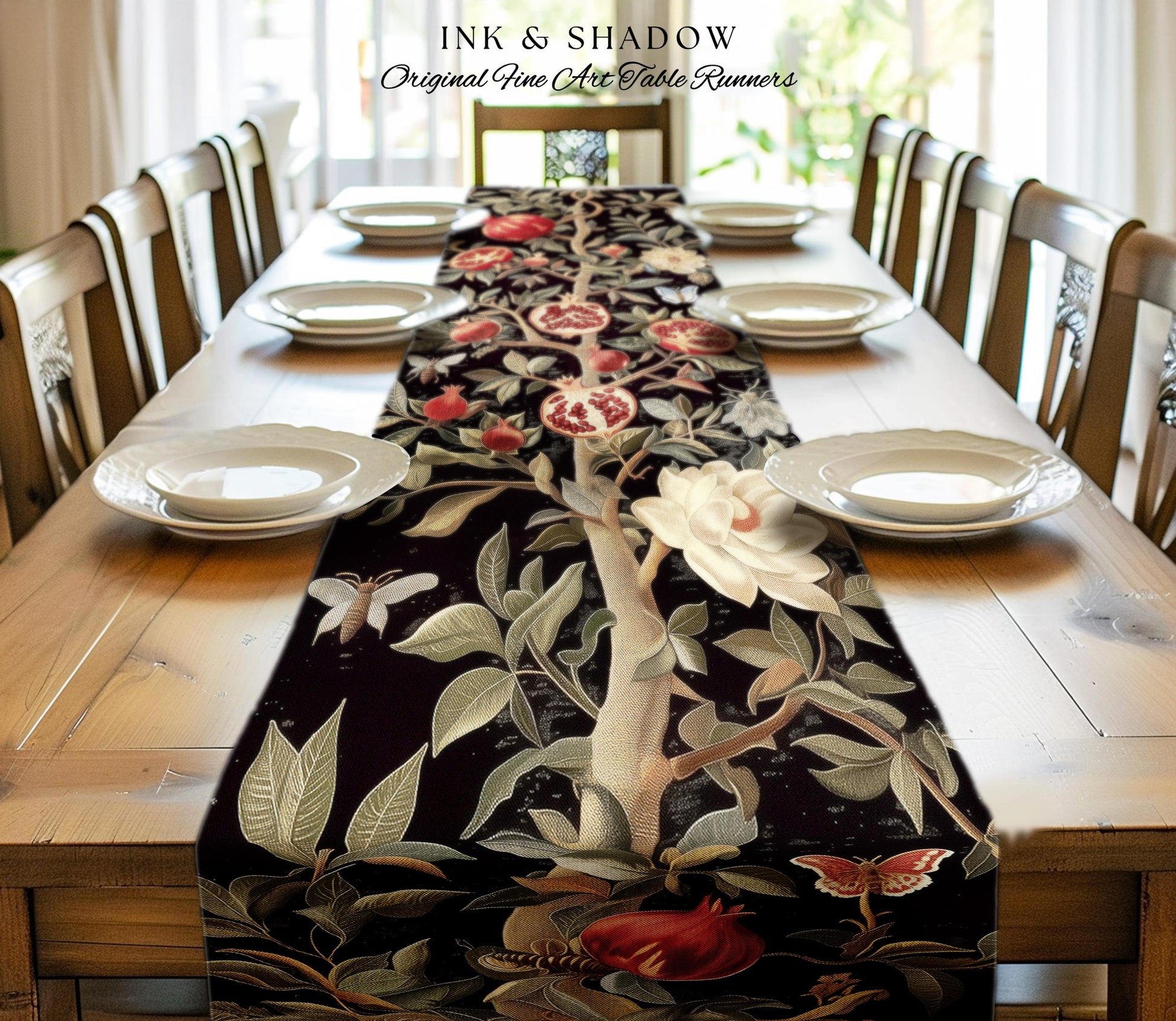 Gothic Pomegranate Decor Mystical Botanical Table Runner | Baroque Inspired Dark Academia Floral Butterfly Fruit Whimsigothic Dining Room |