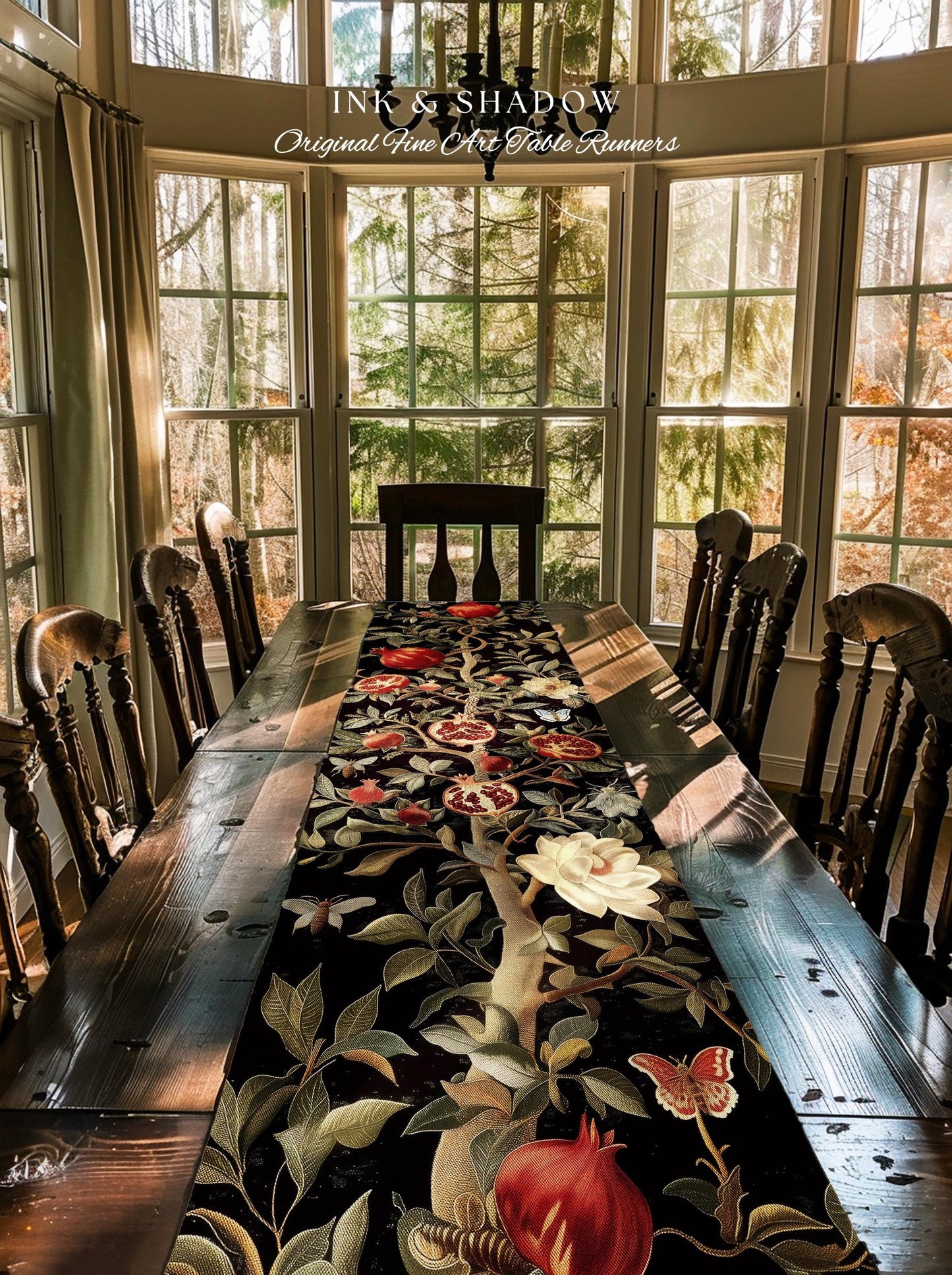 Gothic Pomegranate Decor Mystical Botanical Table Runner | Baroque Inspired Dark Academia Floral Butterfly Fruit Whimsigothic Dining Room |