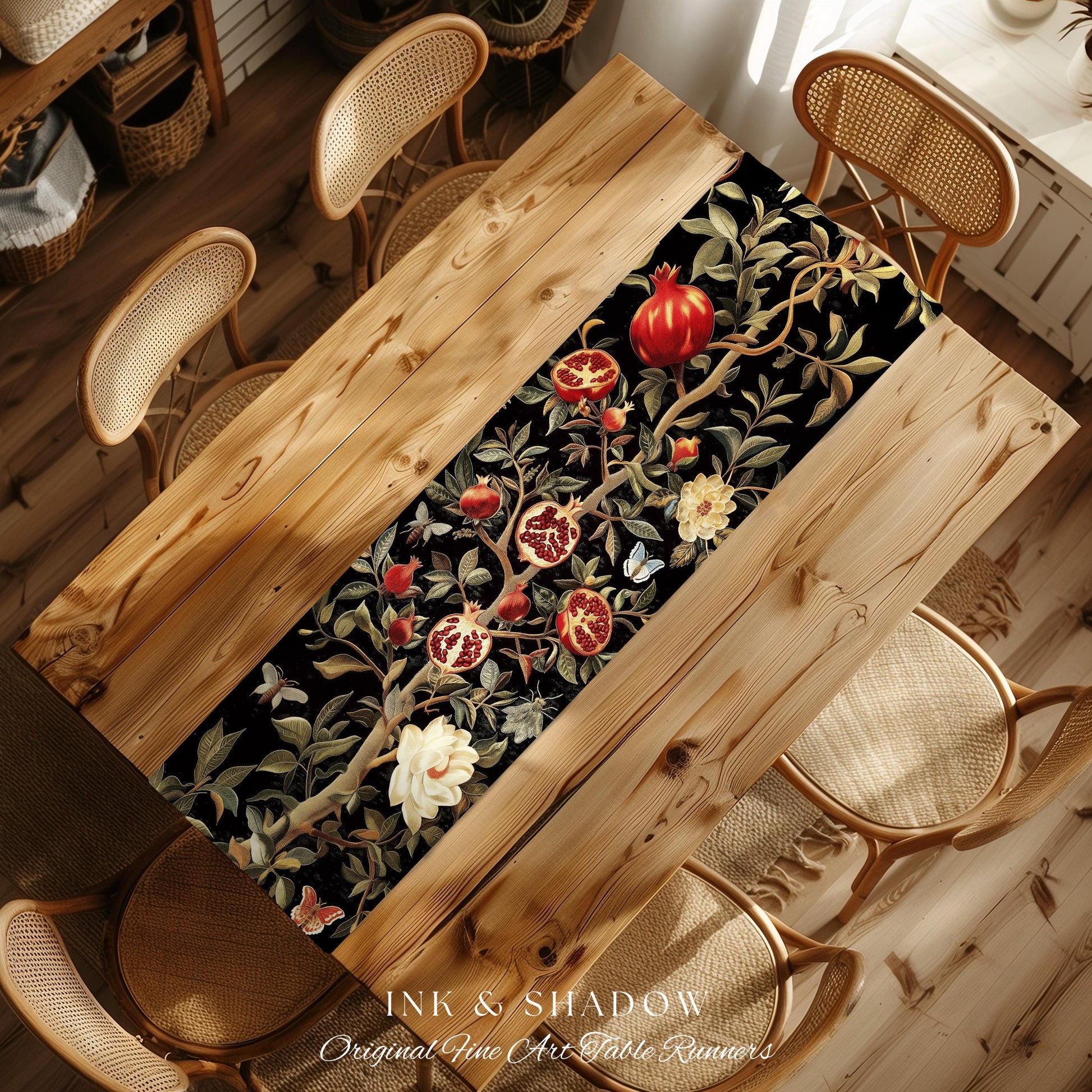 Gothic Pomegranate Decor Mystical Botanical Table Runner | Baroque Inspired Dark Academia Floral Butterfly Fruit Whimsigothic Dining Room |