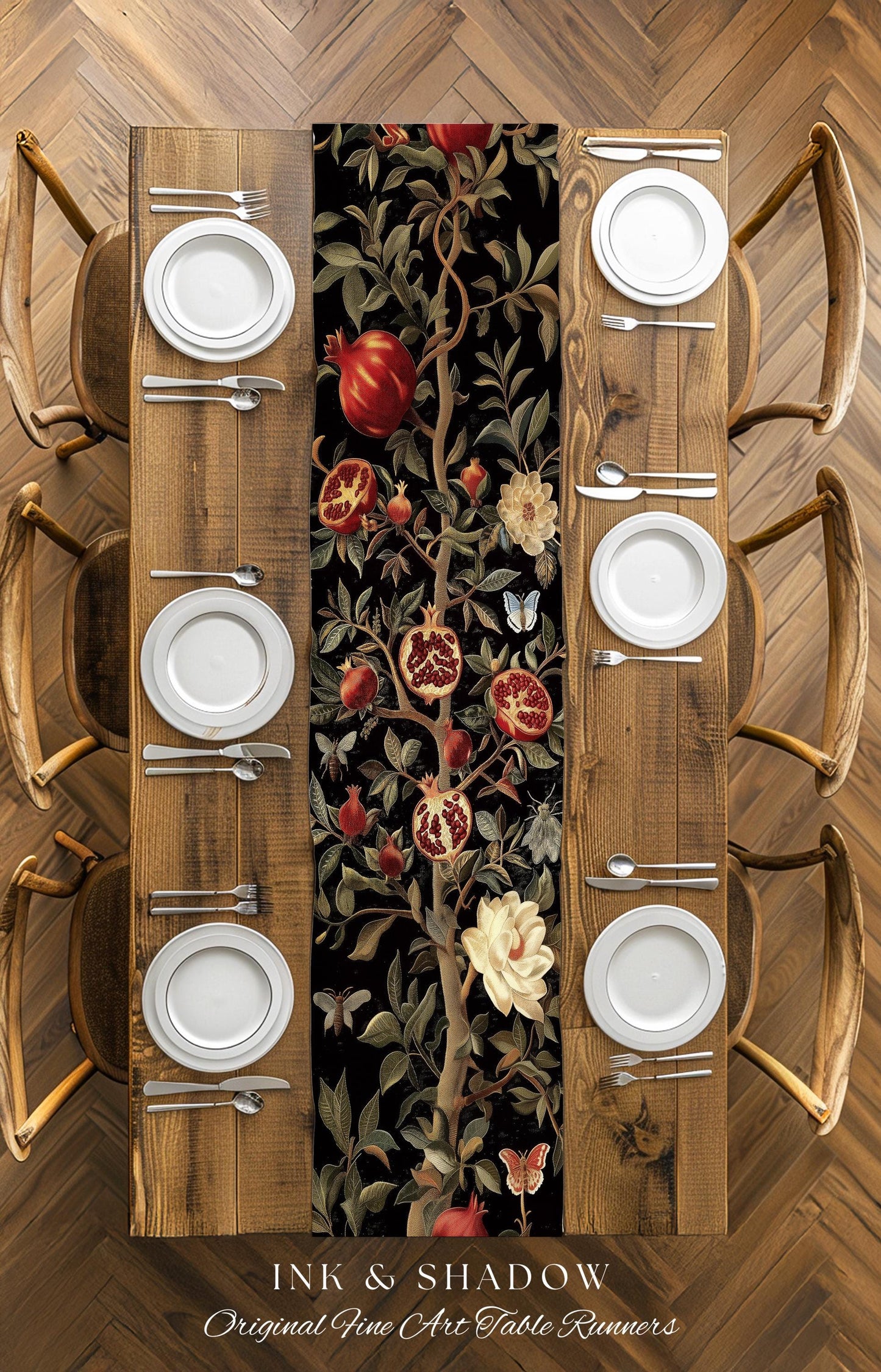 Gothic Pomegranate Decor Mystical Botanical Table Runner | Baroque Inspired Dark Academia Floral Butterfly Fruit Whimsigothic Dining Room |