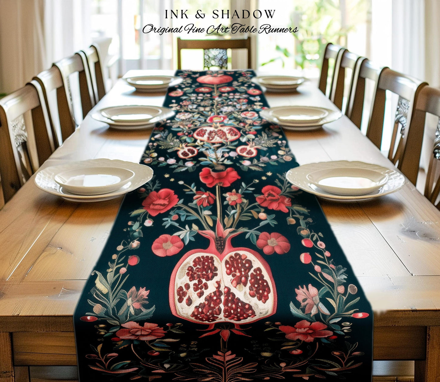Fairycore Pomegranate Table Runner Enchanted Woodland | Whimsical Cottagecore Butterfly Moth Vintage Aesthetic Dark Floral Dining Room Decor