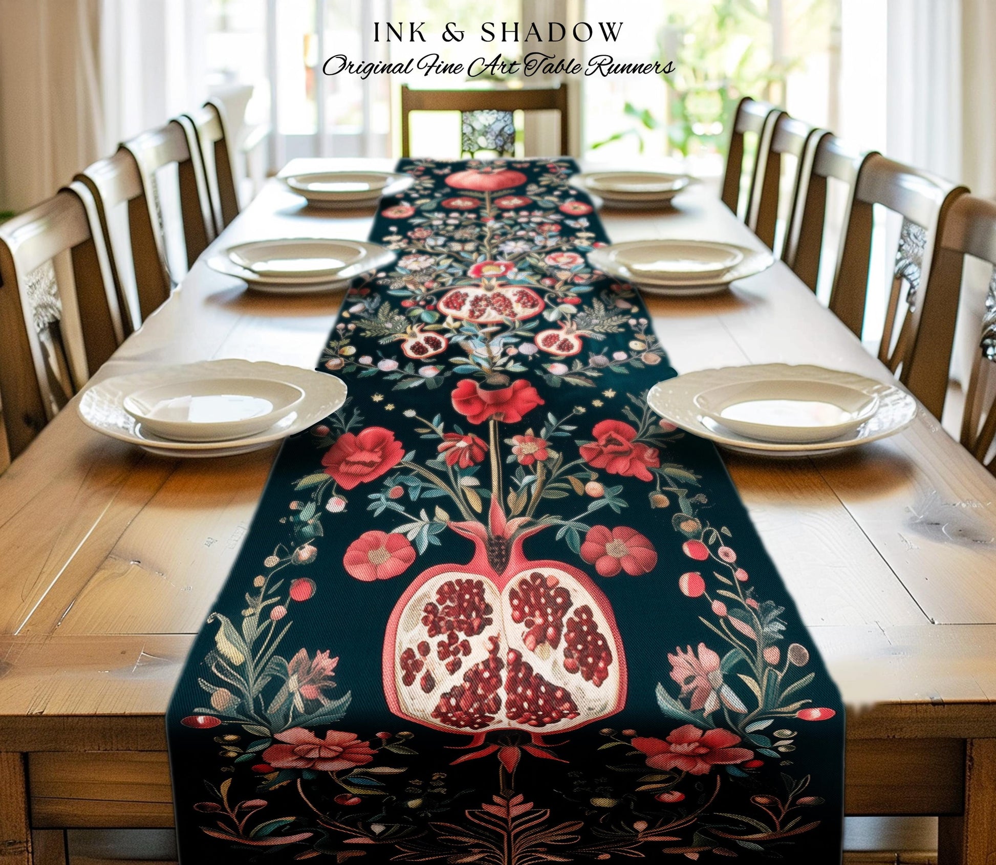 Fairycore Pomegranate Table Runner Enchanted Woodland | Whimsical Cottagecore Butterfly Moth Vintage Aesthetic Dark Floral Dining Room Decor