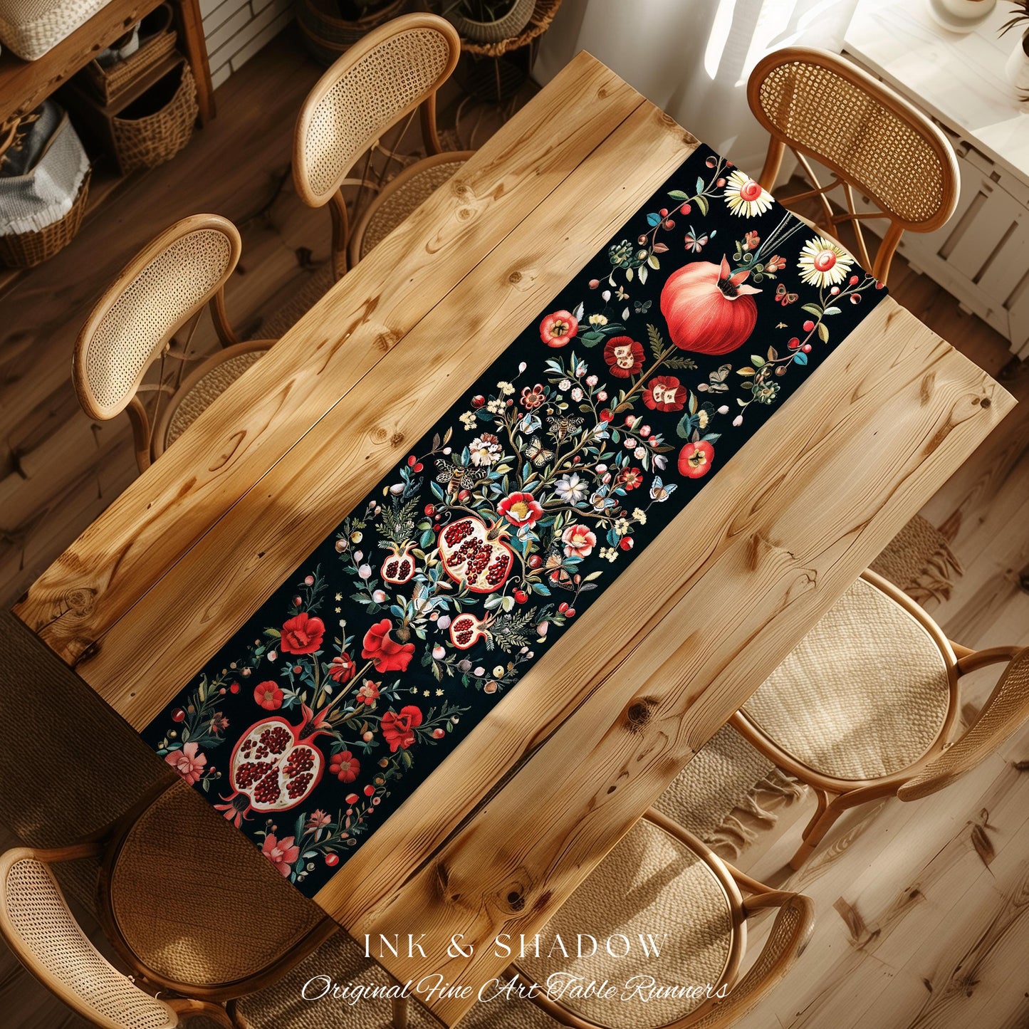 Fairycore Pomegranate Table Runner Enchanted Woodland | Whimsical Cottagecore Butterfly Moth Vintage Aesthetic Dark Floral Dining Room Decor