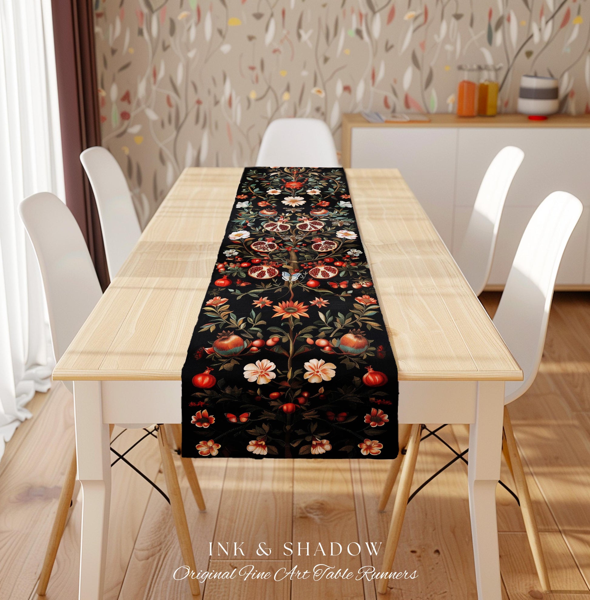 Enchanted Forest Pomegranate Table Runner Woodland Botanical Forestcore Decor | Nature Inspired Victorian Gothic Dark Cottagecore Aesthetic