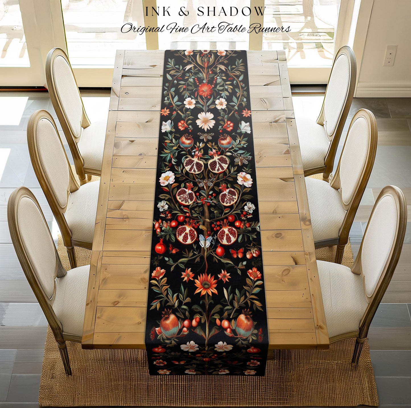 Enchanted Forest Pomegranate Table Runner Woodland Botanical Forestcore Decor | Nature Inspired Victorian Gothic Dark Cottagecore Aesthetic