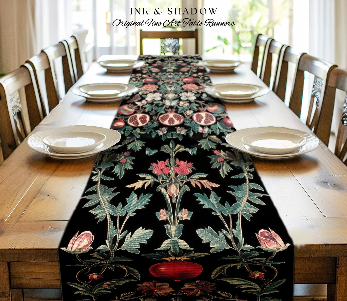 Ethereal Pomegranate Blanket Enchanted Botanical Table Runner | Baroque Inspired Dark Academia Butterfly Moth Gothic Floral Fruit Decor Boho