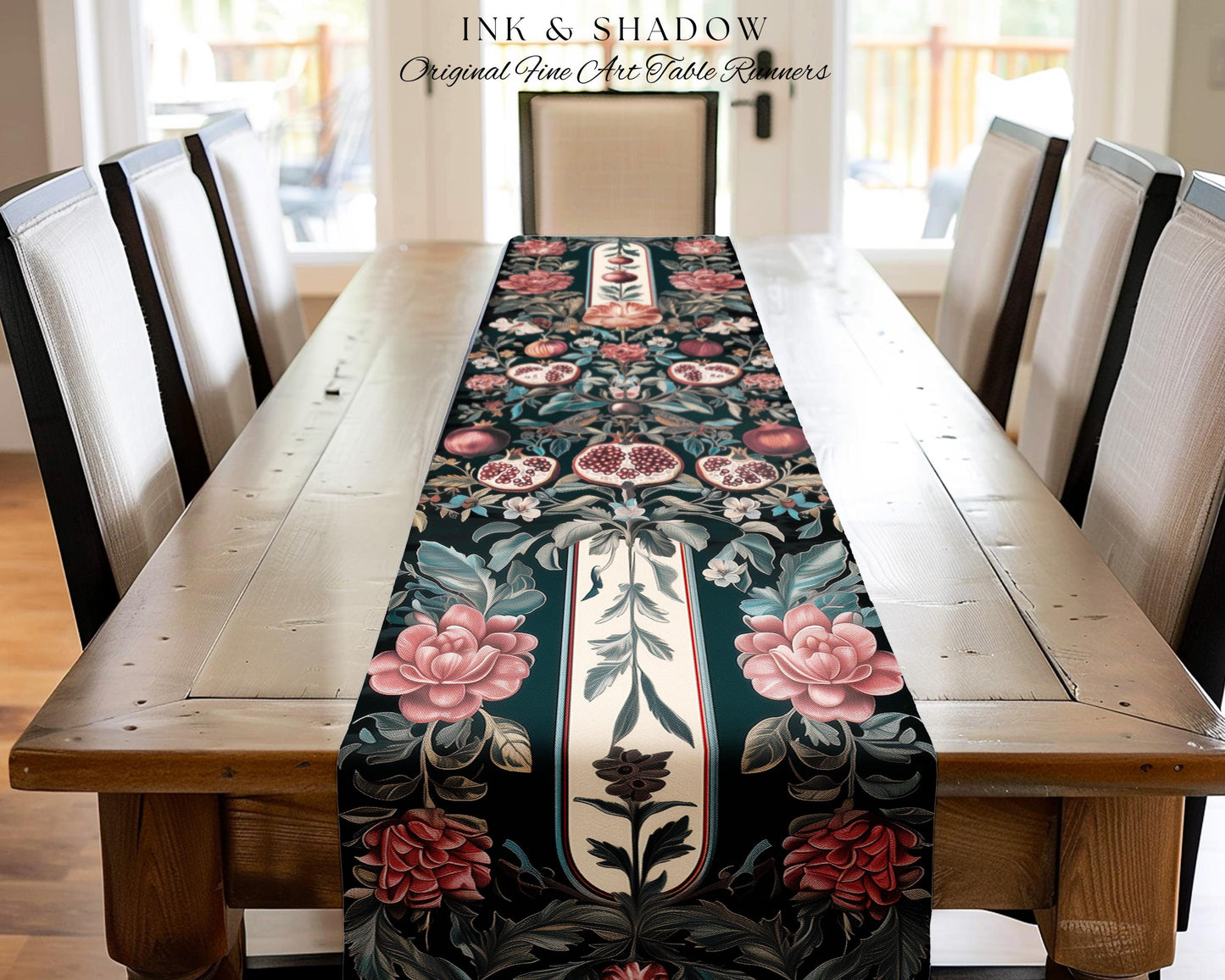 Woodland Gothic Pomegranate Botanical Table Runner Enchanted Forest Nature Decor | Romantic Baroque Whimsical Floral Cottagecore Dining Room