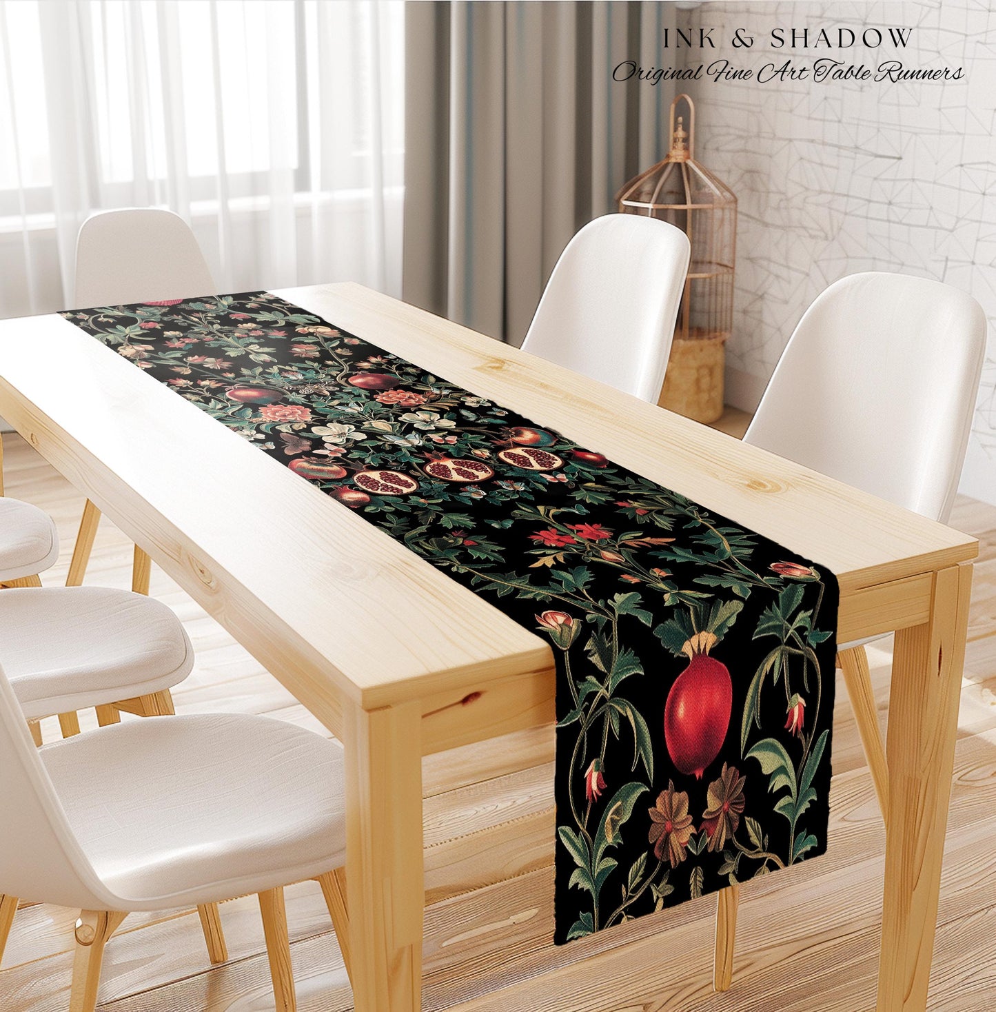 Ethereal Pomegranate Blanket Enchanted Botanical Table Runner | Baroque Inspired Dark Academia Butterfly Moth Gothic Floral Fruit Decor Boho