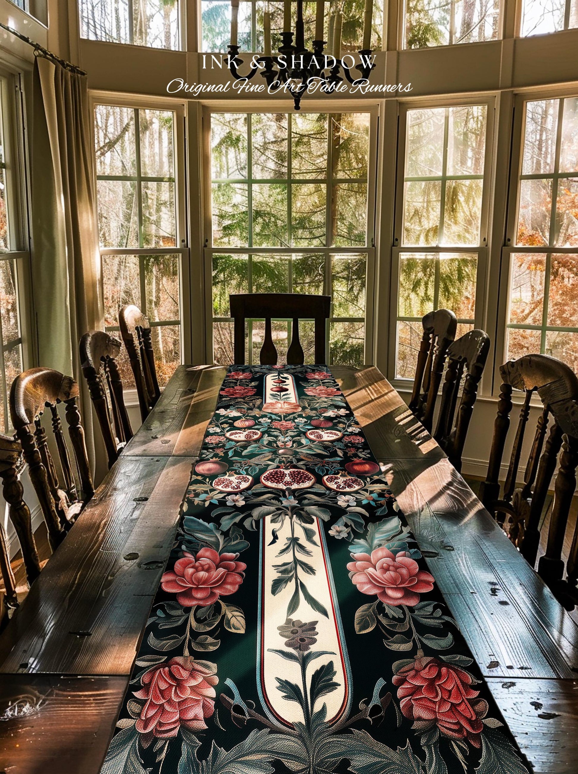 Woodland Gothic Pomegranate Botanical Table Runner Enchanted Forest Nature Decor | Romantic Baroque Whimsical Floral Cottagecore Dining Room