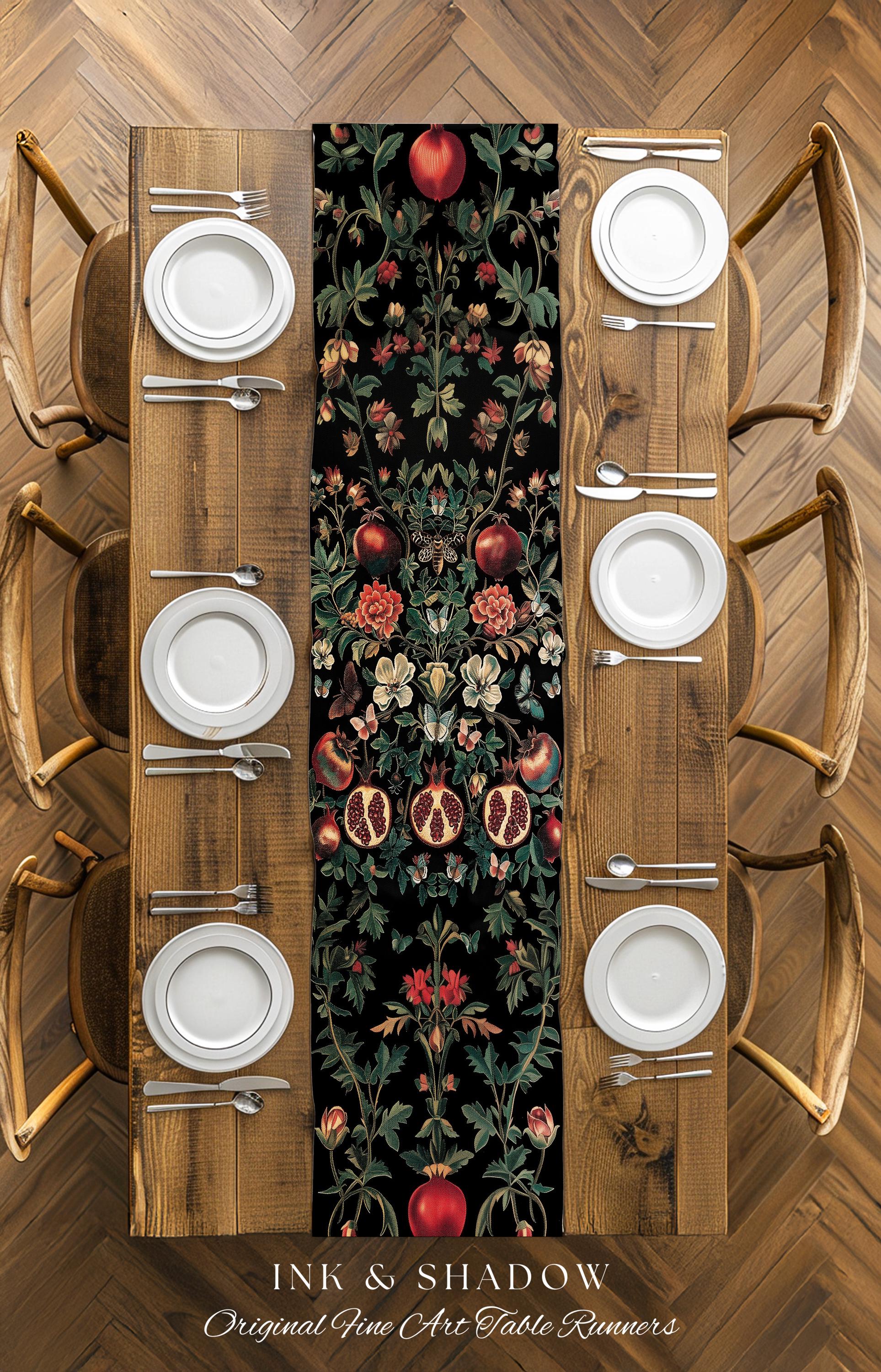 Ethereal Pomegranate Blanket Enchanted Botanical Table Runner | Baroque Inspired Dark Academia Butterfly Moth Gothic Floral Fruit Decor Boho