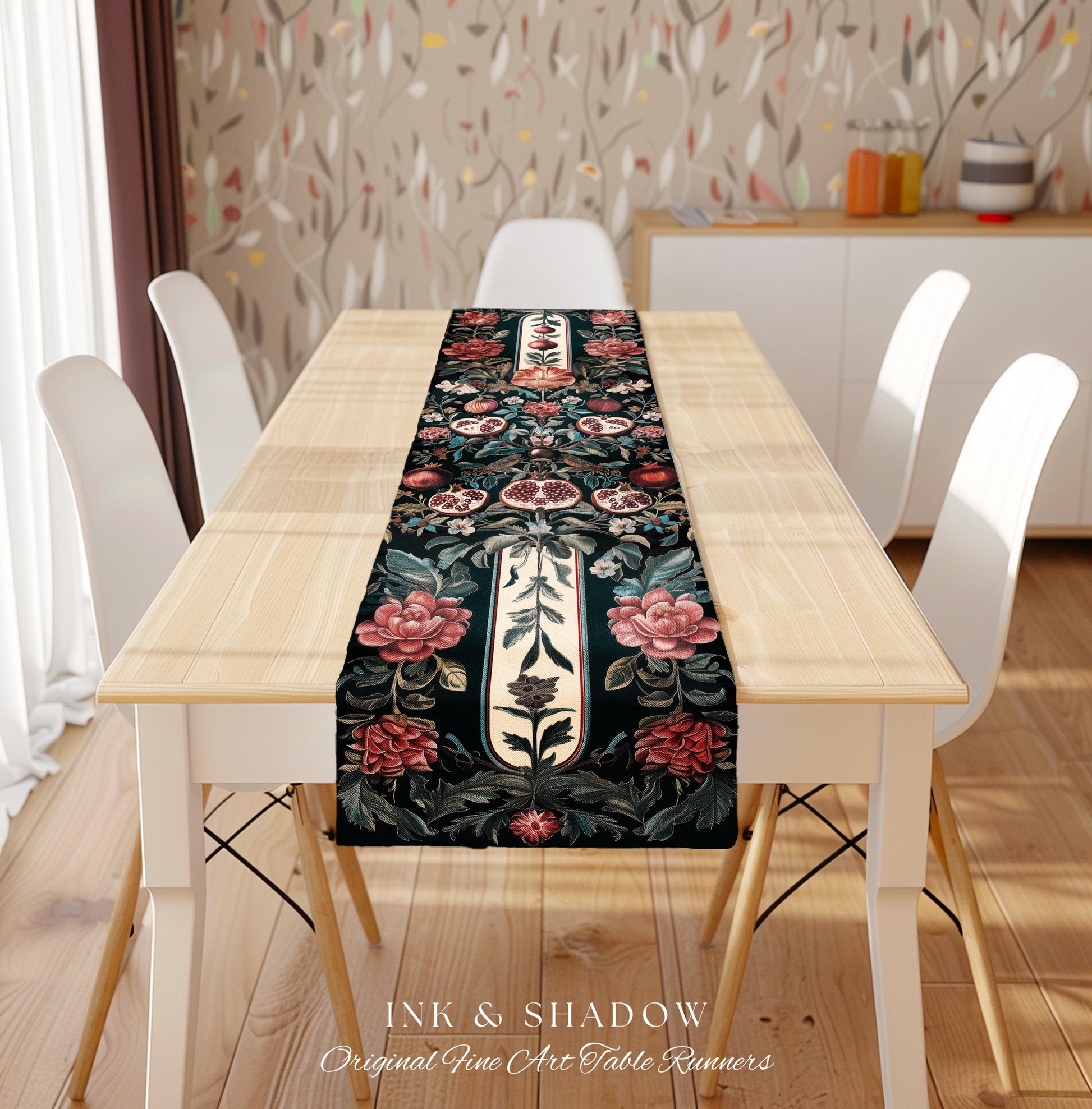 Woodland Gothic Pomegranate Botanical Table Runner Enchanted Forest Nature Decor | Romantic Baroque Whimsical Floral Cottagecore Dining Room