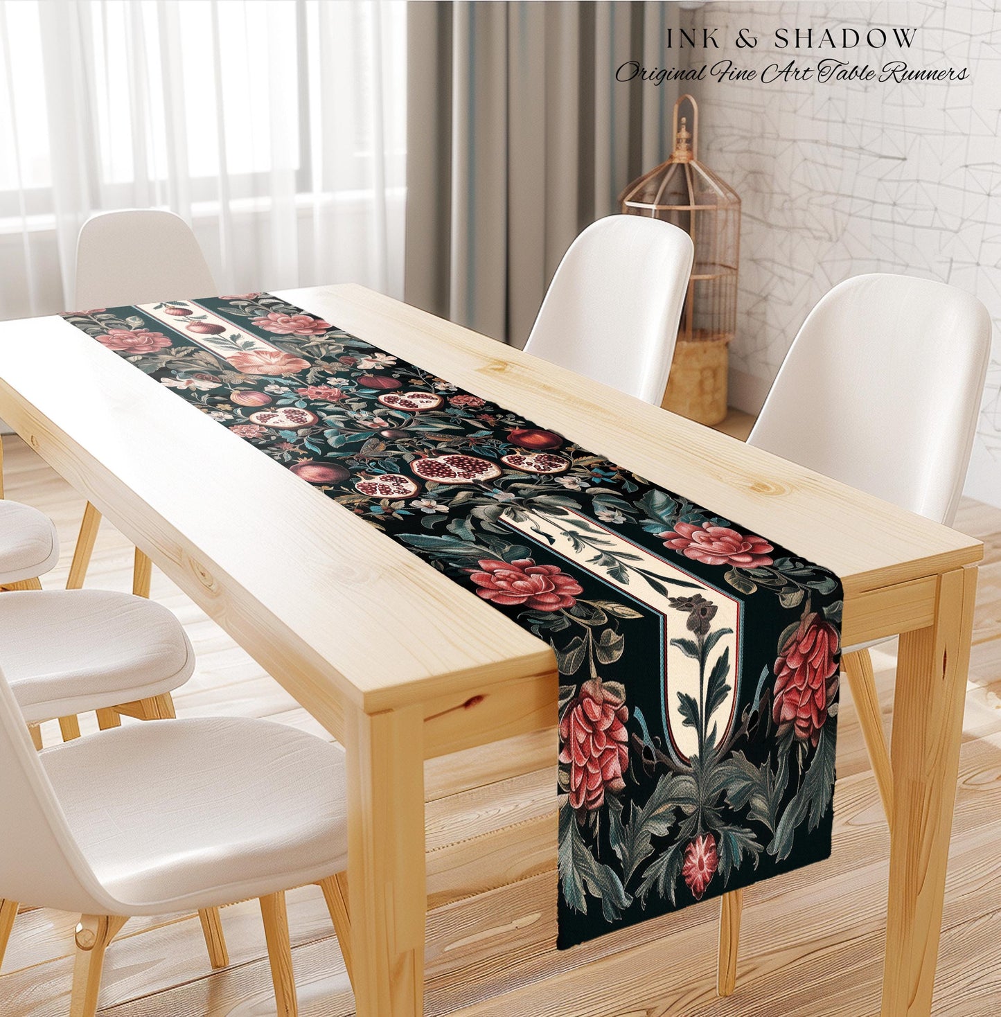 Woodland Gothic Pomegranate Botanical Table Runner Enchanted Forest Nature Decor | Romantic Baroque Whimsical Floral Cottagecore Dining Room