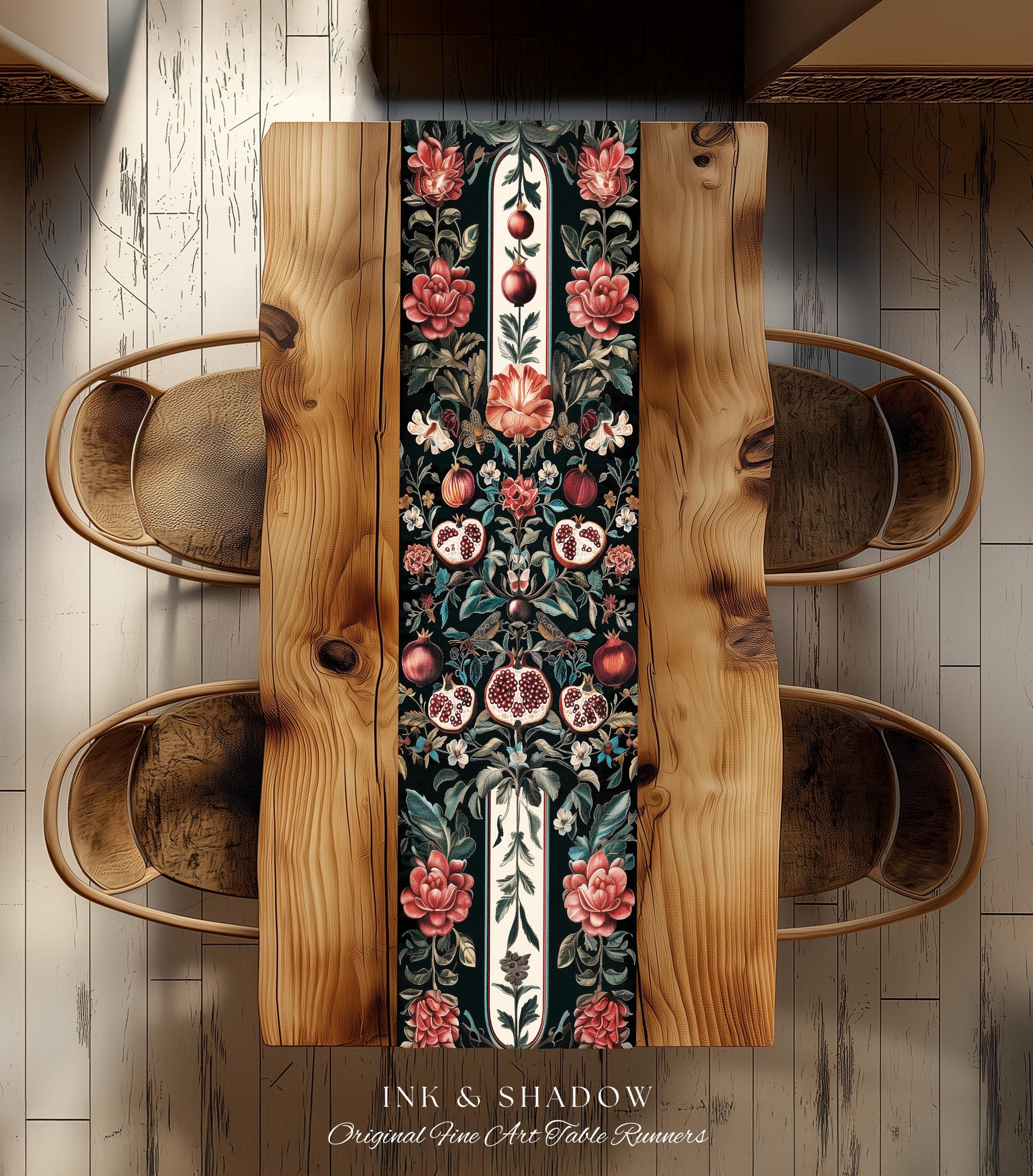 Woodland Gothic Pomegranate Botanical Table Runner Enchanted Forest Nature Decor | Romantic Baroque Whimsical Floral Cottagecore Dining Room