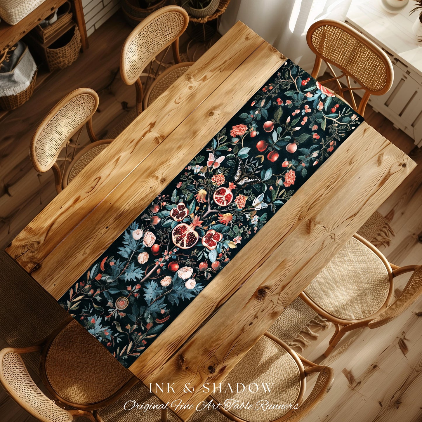 Vintage Pomegranate Table Runner Floral Whimsigoth Enchanted Botanical Butterfly Home Decor | Victorian Gothic Whimsical Woodland Altar |
