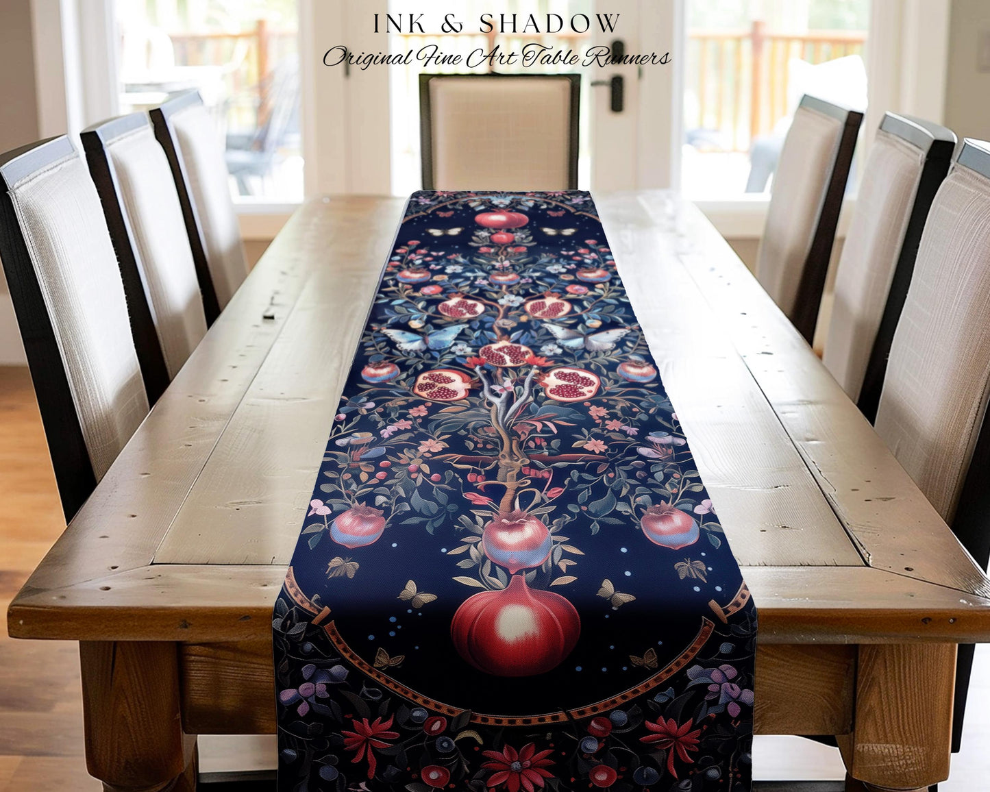 Moody Dark Botanical Pomegranate Art Table Runner Victorian Nouveau Butterfly Aesthetic, Mystic Woodland Whimsigoth Enchanted Forest Florals