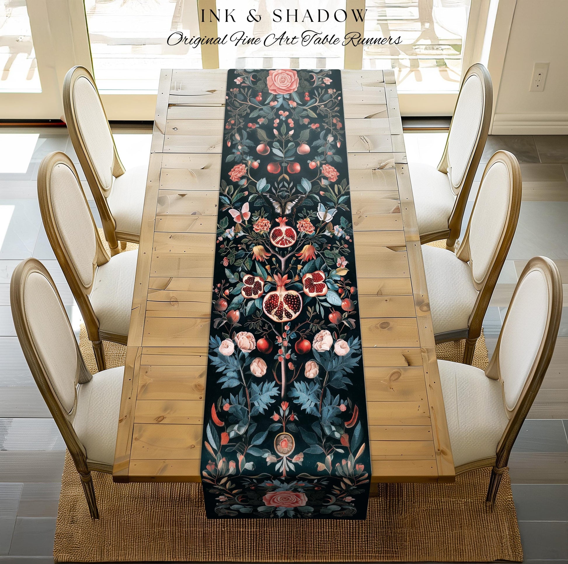 Vintage Pomegranate Table Runner Floral Whimsigoth Enchanted Botanical Butterfly Home Decor | Victorian Gothic Whimsical Woodland Altar |